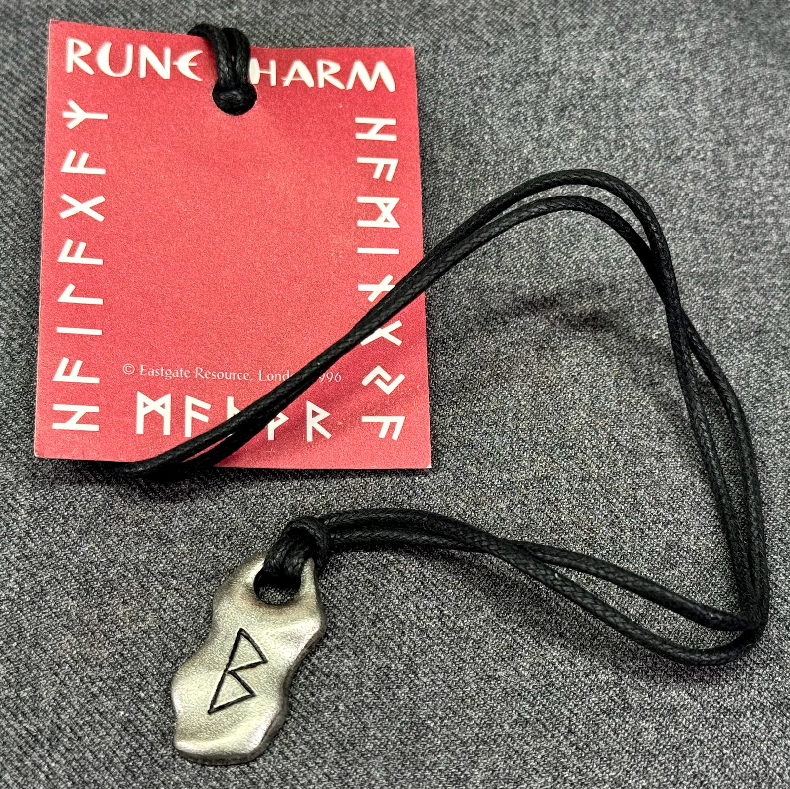 Vintage BEORC MF4TXFTM rune charm w/ cord. Eastgate Resource London 1996 #a (1 of 4)
