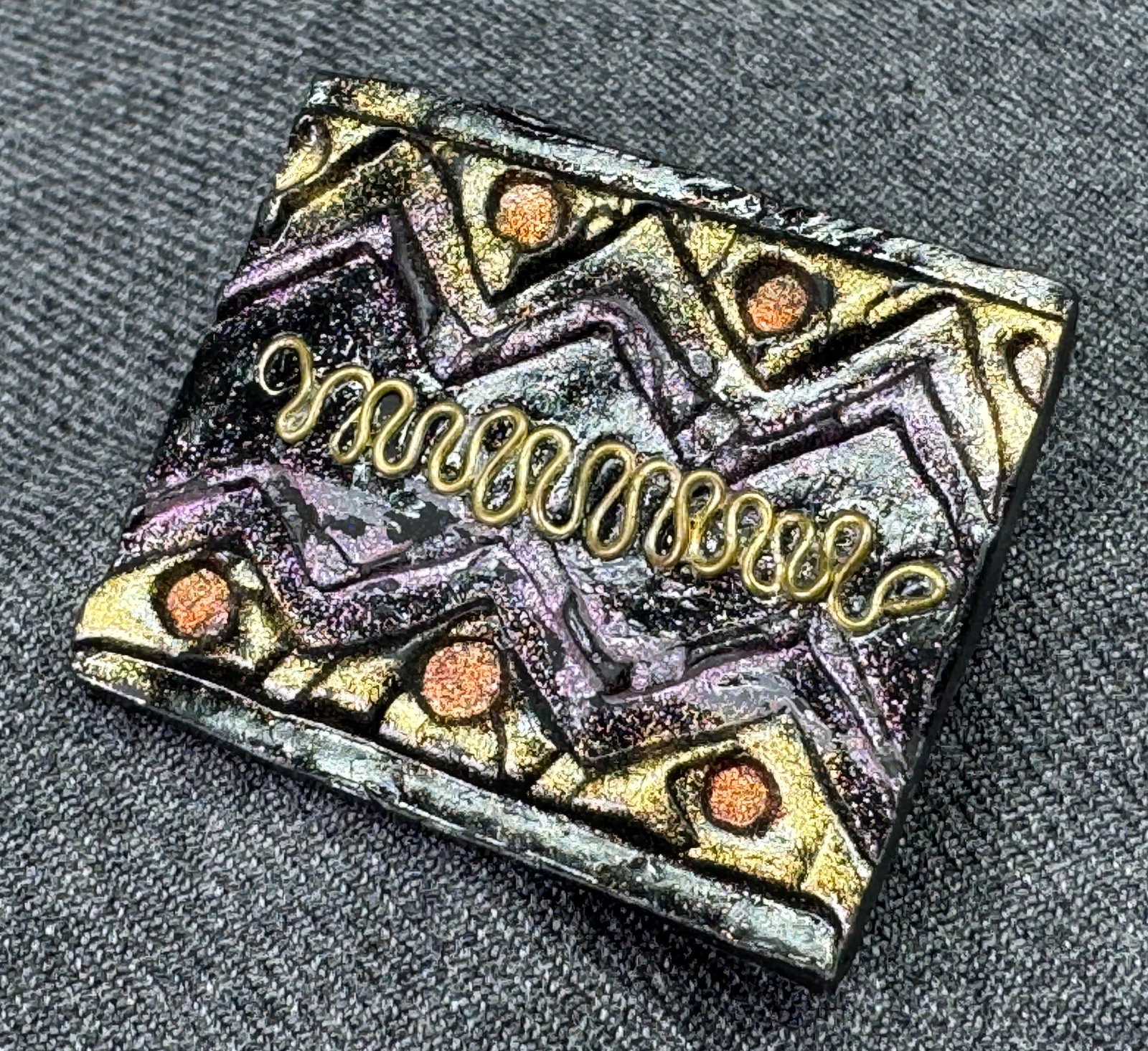 Vintage artsy crafted wire inlay polymer clay brooch pin . #a