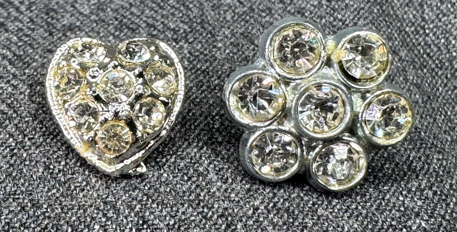 Vintage rhinestones silver-toned metal flower & heart lapel pins . #a