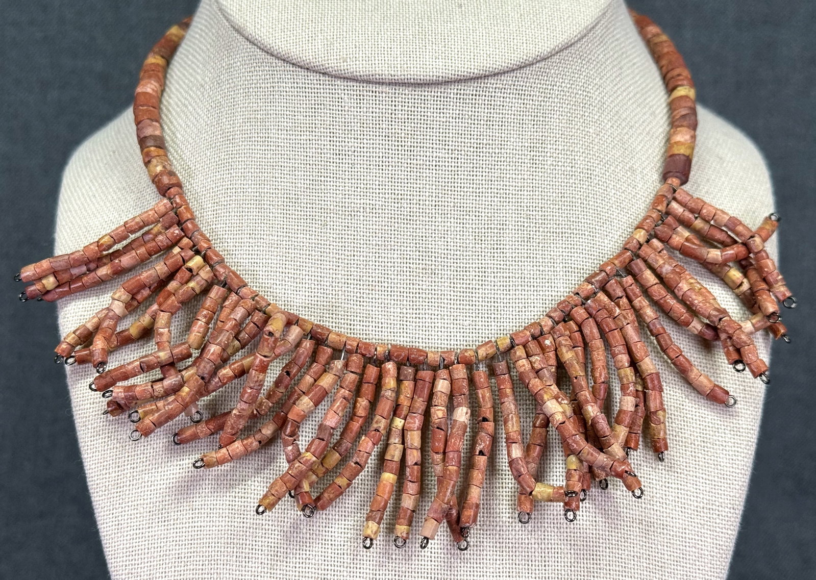 Vintage folk ethnic wired bauxite beaded collar necklace with fringe: IN HOUSE FLAT SHIPPING & HANDLING COST WITHIN ALL THE U.S. : $7 To bypass LiveShipping, and use our In-House shipping service for $7 or shipping combined for multiple lots, please select “Arrang