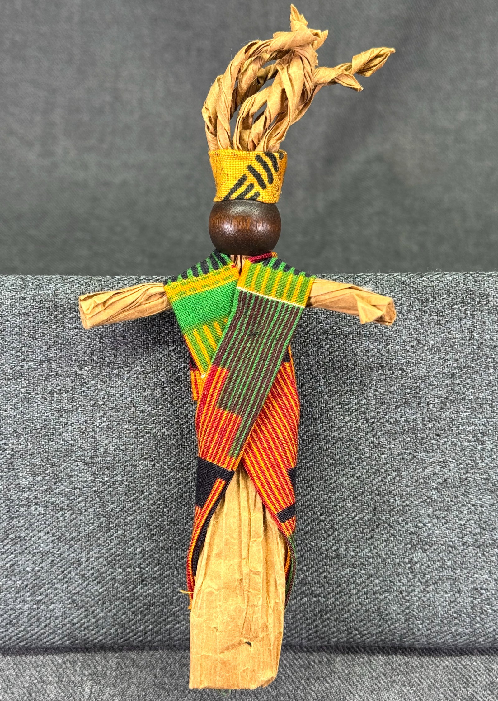 Vintage African Folk Art Doll Pin Brooch. Corn Husk Kente Cloth. 5.5”. *K (1 of 4)