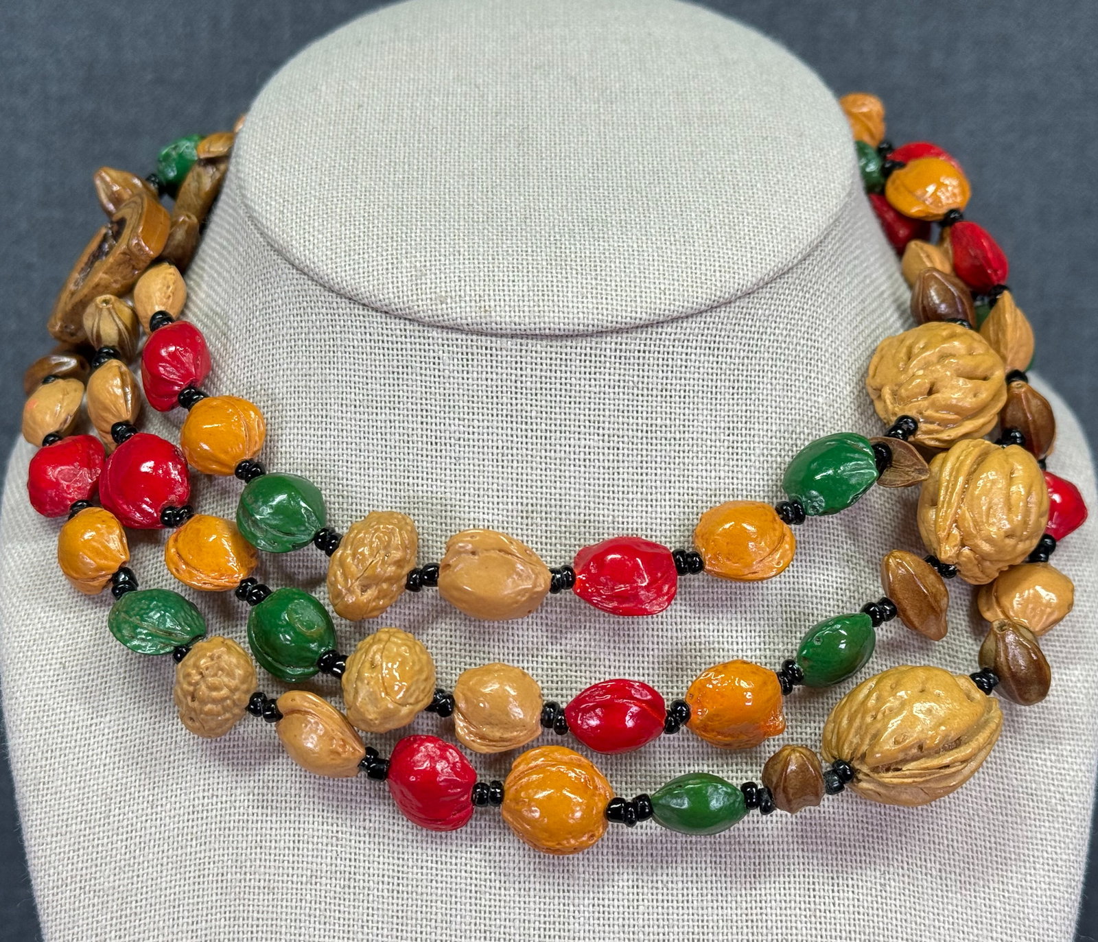 Vintage Boho Painted Fruit Seeds Pits & Nut Shells Beaded Necklace: IN HOUSE FLAT SHIPPING & HANDLING COST WITHIN ALL THE U.S. : $7 To bypass LiveShipping, and use our In-House shipping service for $7 or shipping combined for multiple lots, please select “Arrang
