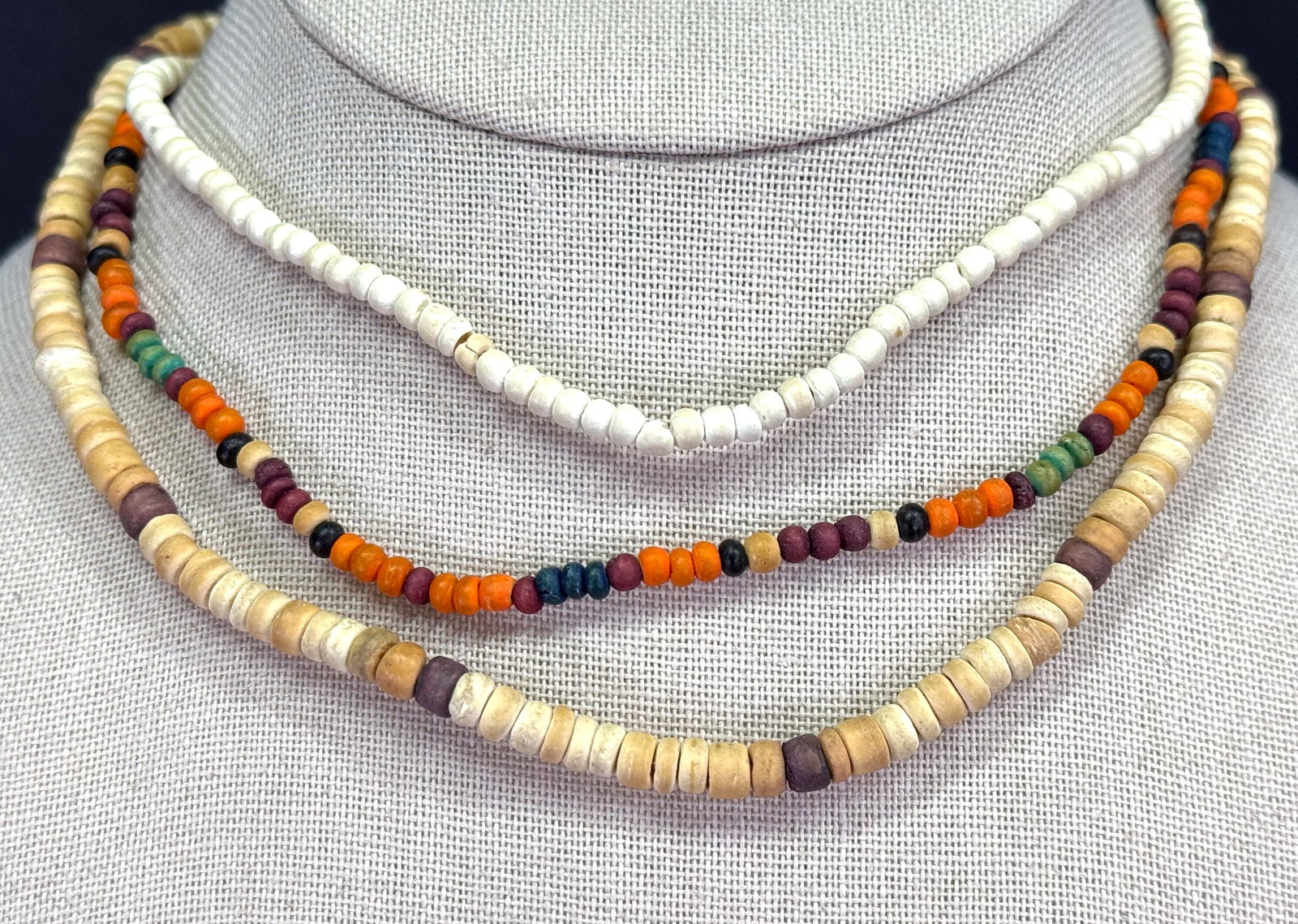 Vintage ethnic style assorted wooden beads necklaces. Lot of 3