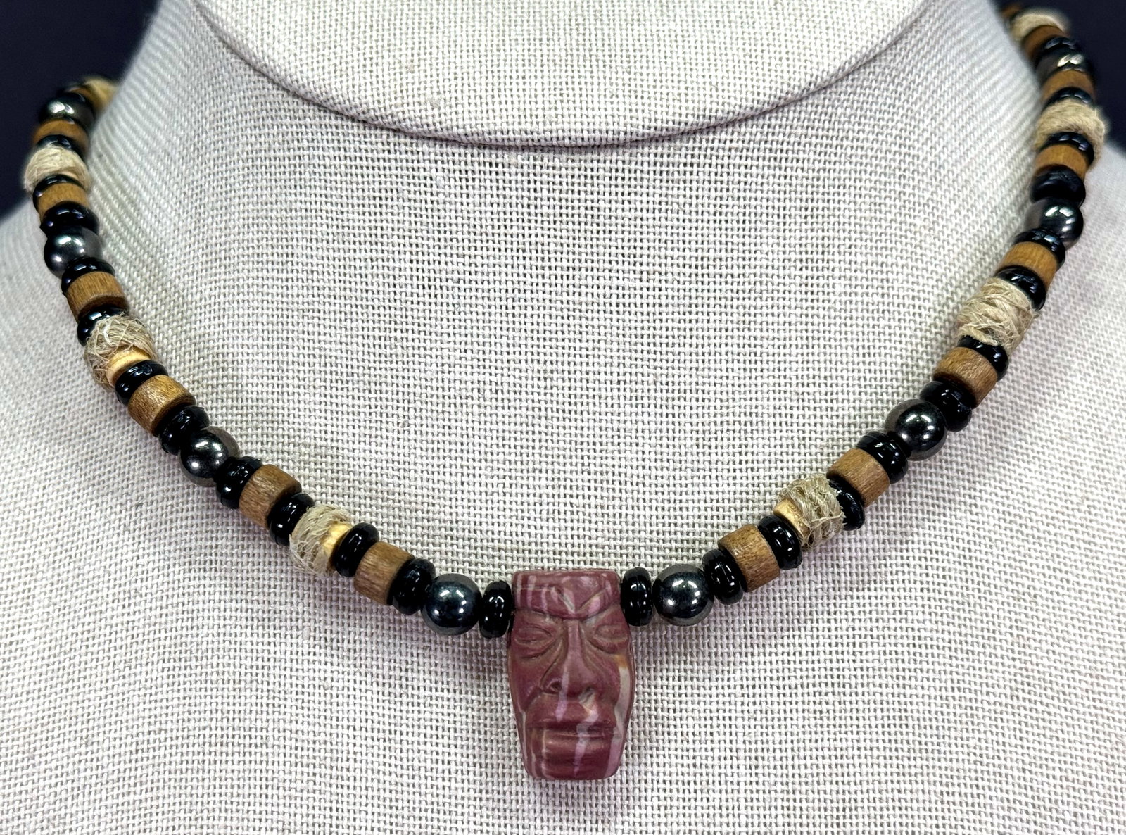 Vintage Panama Jack ethnic style plastic mask, hematite & wooden beaded collar necklace: IN HOUSE FLAT SHIPPING & HANDLING COST WITHIN ALL THE U.S. : $7 To bypass LiveShipping, and use our In-House shipping service for $7 or shipping combined for multiple lots, please select “Arrang
