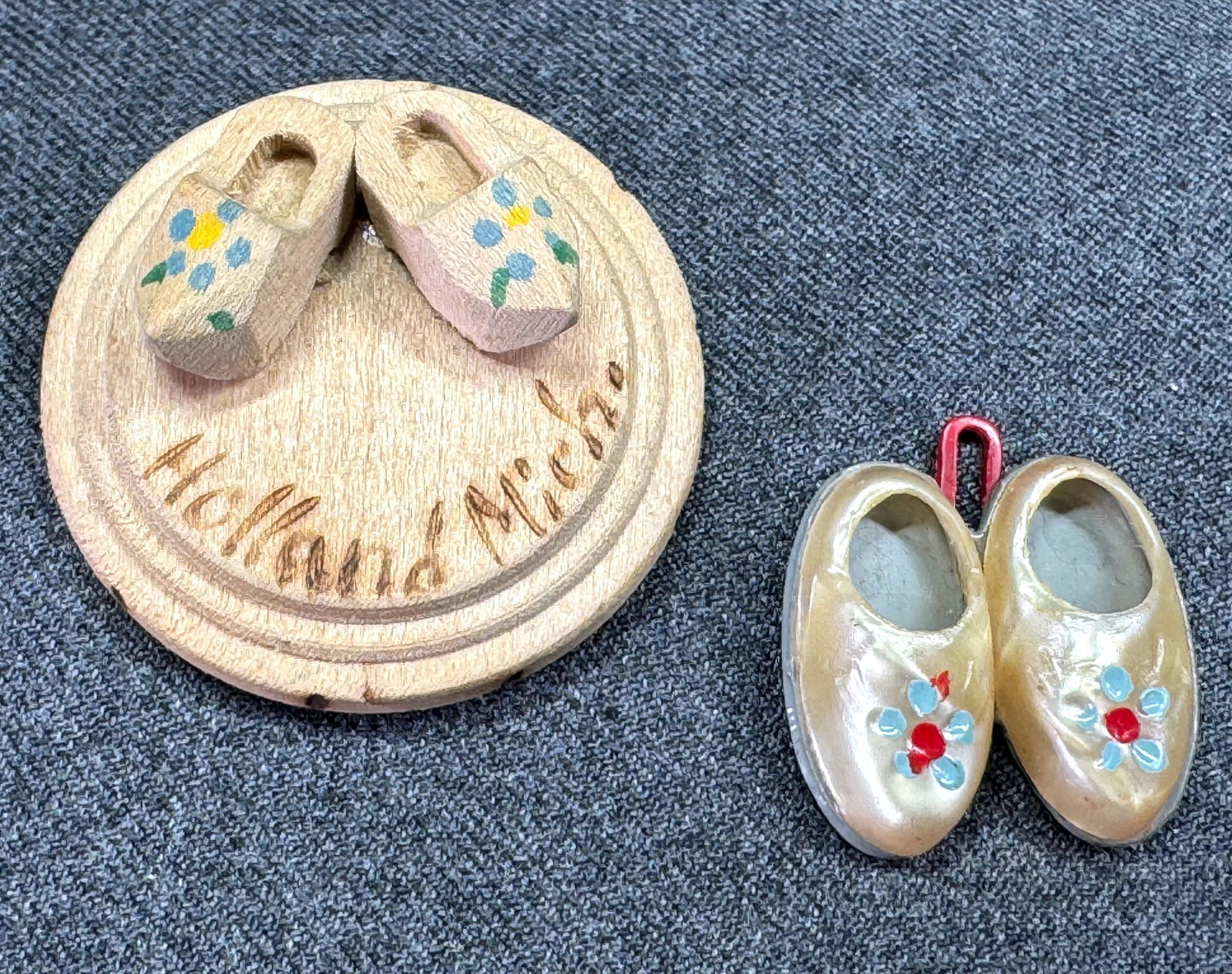 Vintage clogs celluloid pendant and Holland Michigan artisan wooden pin brooch