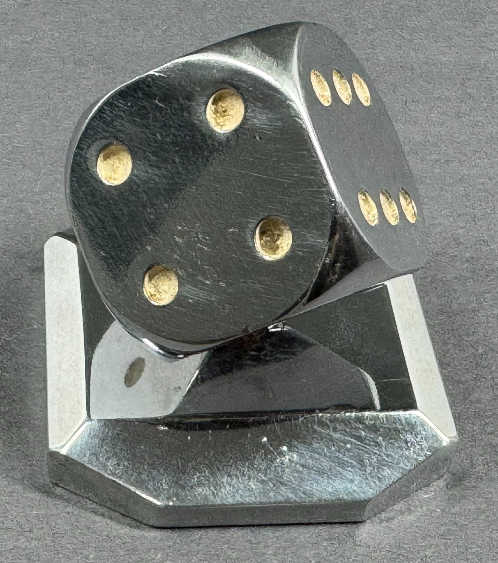 Vintage MCM Modernist Edgar Brandt Style Dice Paperweight. Chromed metal.