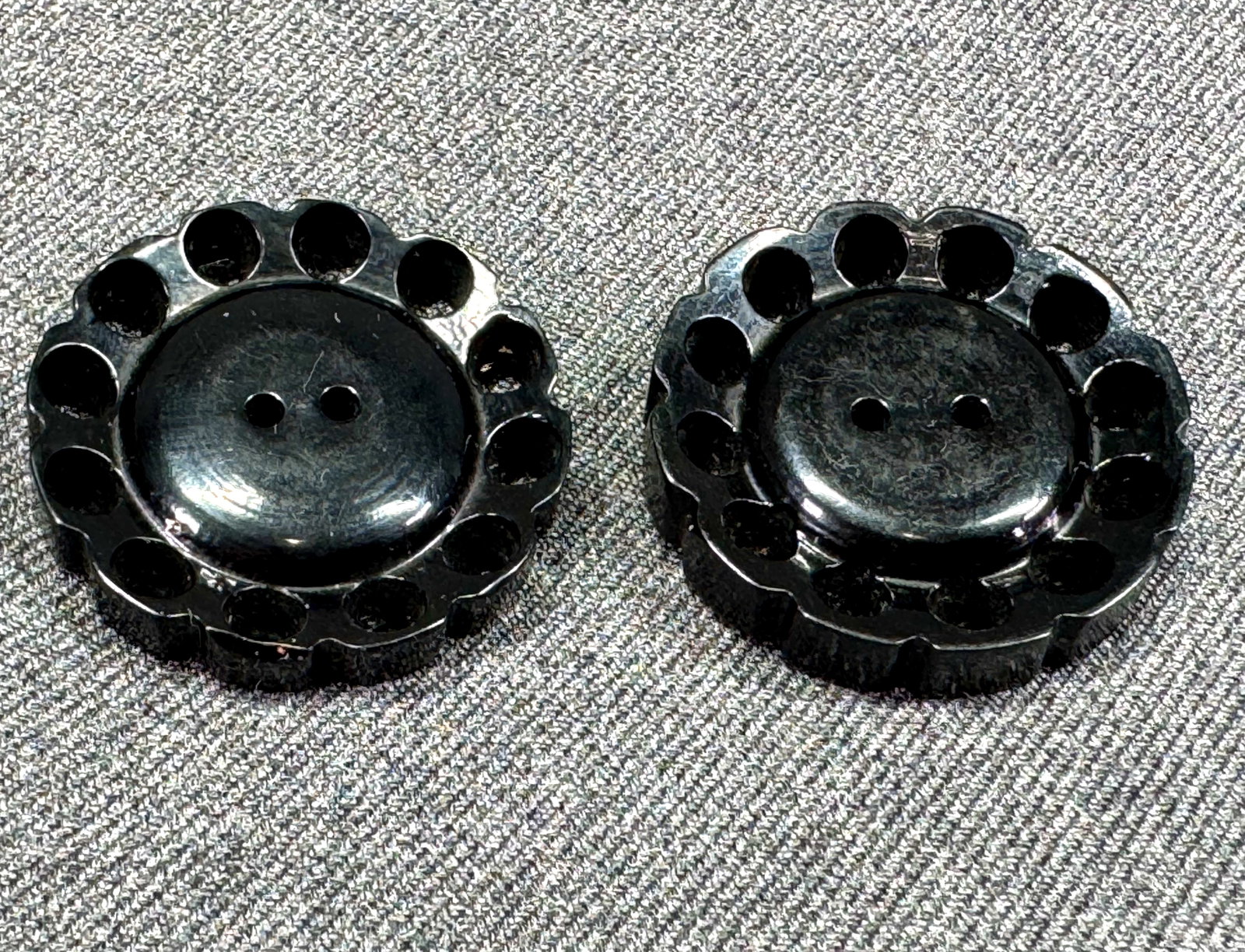 Antique Vintage carved black galalith flower buttons. Lot of 2