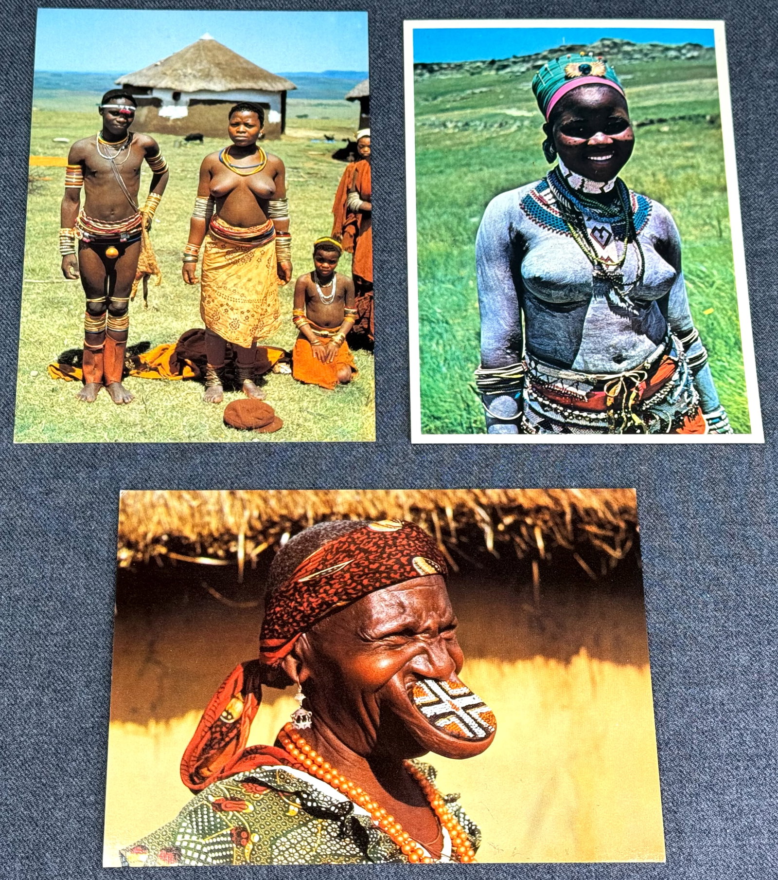 Vintage 70s African Postcards. Platter-mouthed woman, Fingo and Xhosa people. Lot of 3 .