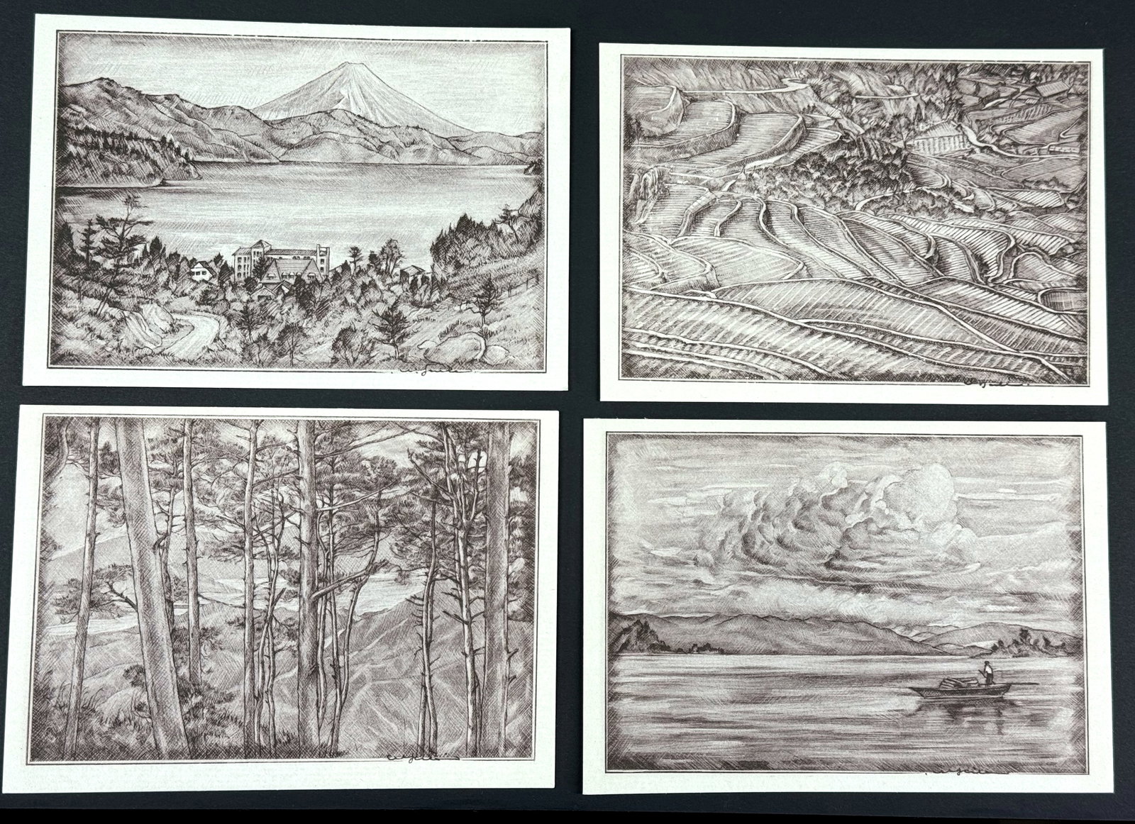 Vintage Japanese 50's Willy Seiler Art Postcards. Rice Paddies,Hakkone,Thunder Clouds,Pine Trees