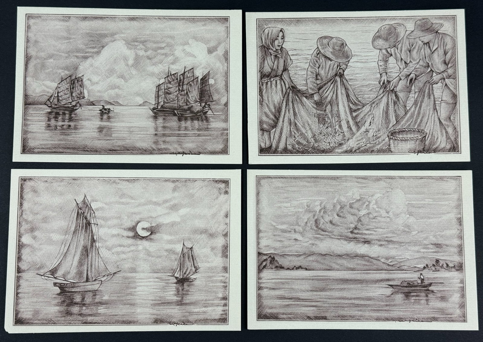 Vintage Japanese 50's Willy Seiler Art Postcards.Haul,Thunder Clouds,Moon Light,Chinese Junks