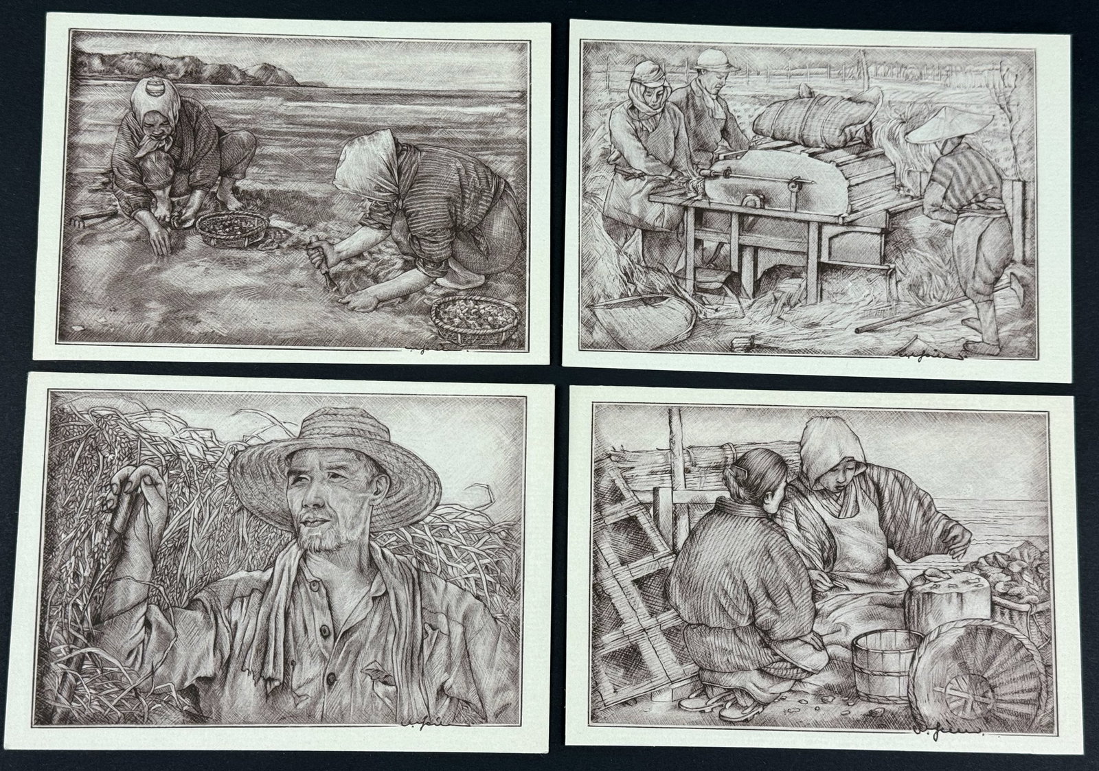 Vintage Japanese 50's Willy Seiler Art Postcards.Fisherwomen.Rice Threshing.Clam Digging,Rice Farmer