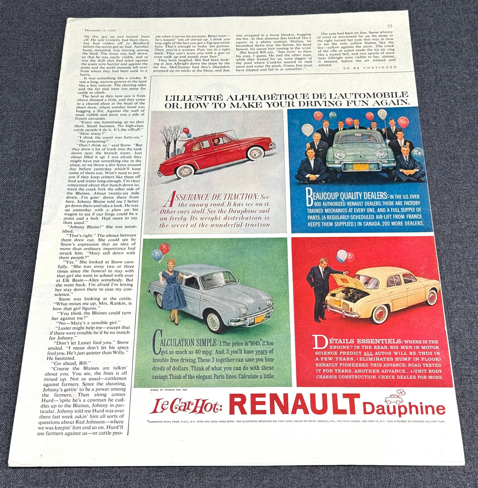 Renault Dauphine automobile Ad December 5th 1959 Magazine