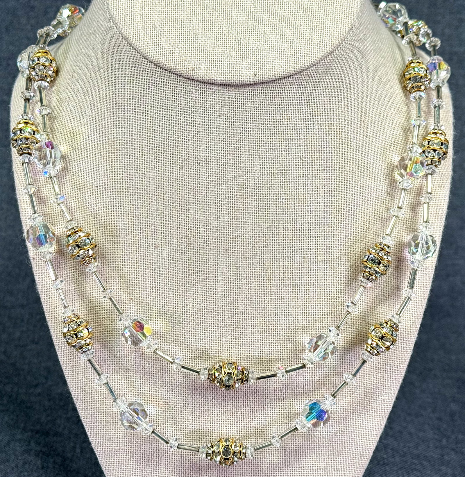 Vintage Vendome Style AB Crystal Necklace. Jeweled Flower Clasp & Rings. *M (1 of 7)