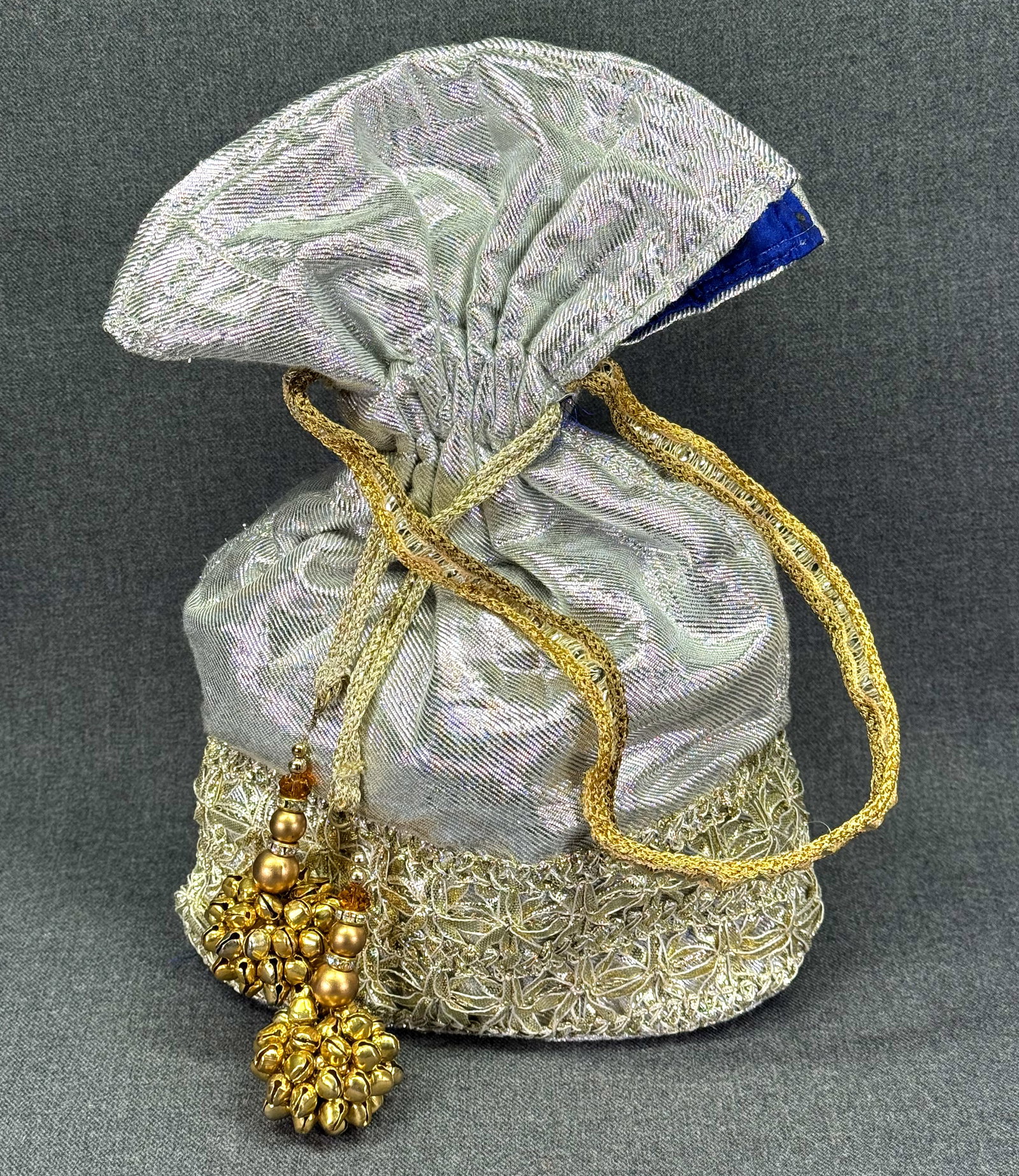 Vintage Indian Metallic Fabric Potli Bag Batwa Drawstring Purse. Jeweled Jingle Bell Tassels. *M (1 of 8)