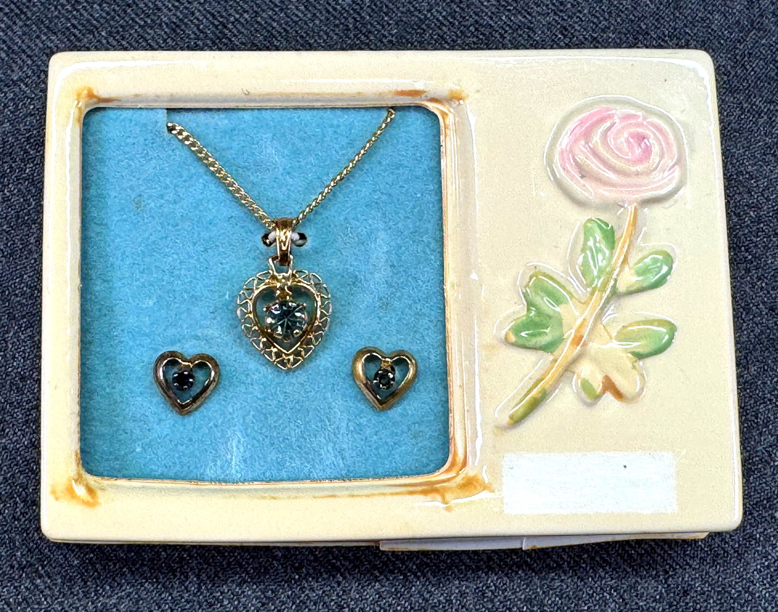 Vintage Heart Necklace & Earring Set in Celluloid Rose Box. Blue Crystal. Gold-tone. *M: Vintage Heart Necklace & Earring Set in Celluloid Rose Box. Blue Crystal. Gold-tone. Unmarked. For measures please refer to the pictures taken with a measuring tape. Weight: Grams. IN HOUSE FLAT SHIPP