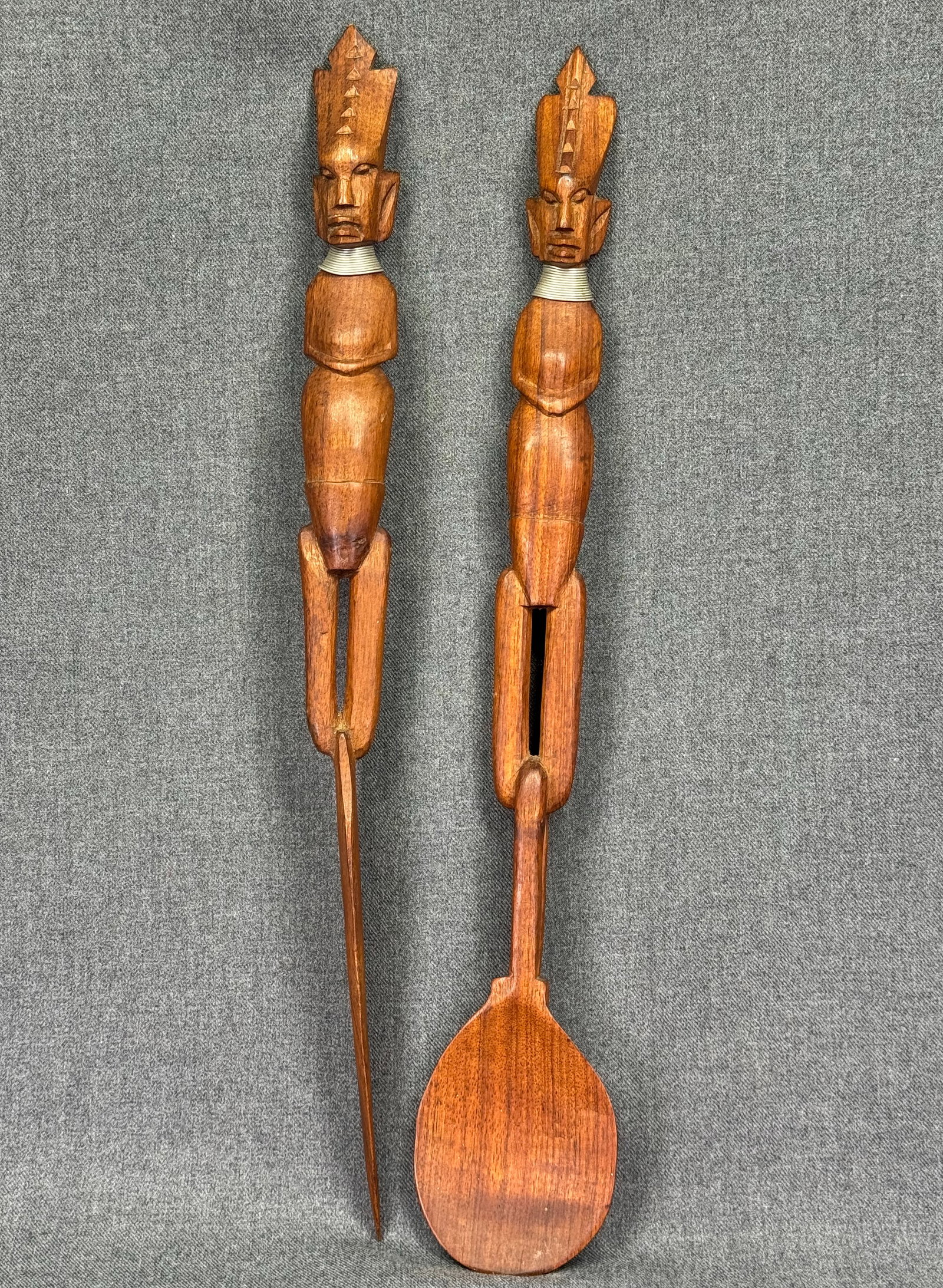 Vintage Hand-Carved African Wood Figural Salad Serving Spoon & Knife Set. *M: Vintage Hand-Carved African Wood Figural Salad Serving Spoon & Knife Set. For measures please refer to the pictures taken with a measuring tape. Weight: Grams. IN HOUSE FLAT SHIPPING & HANDLING COST W