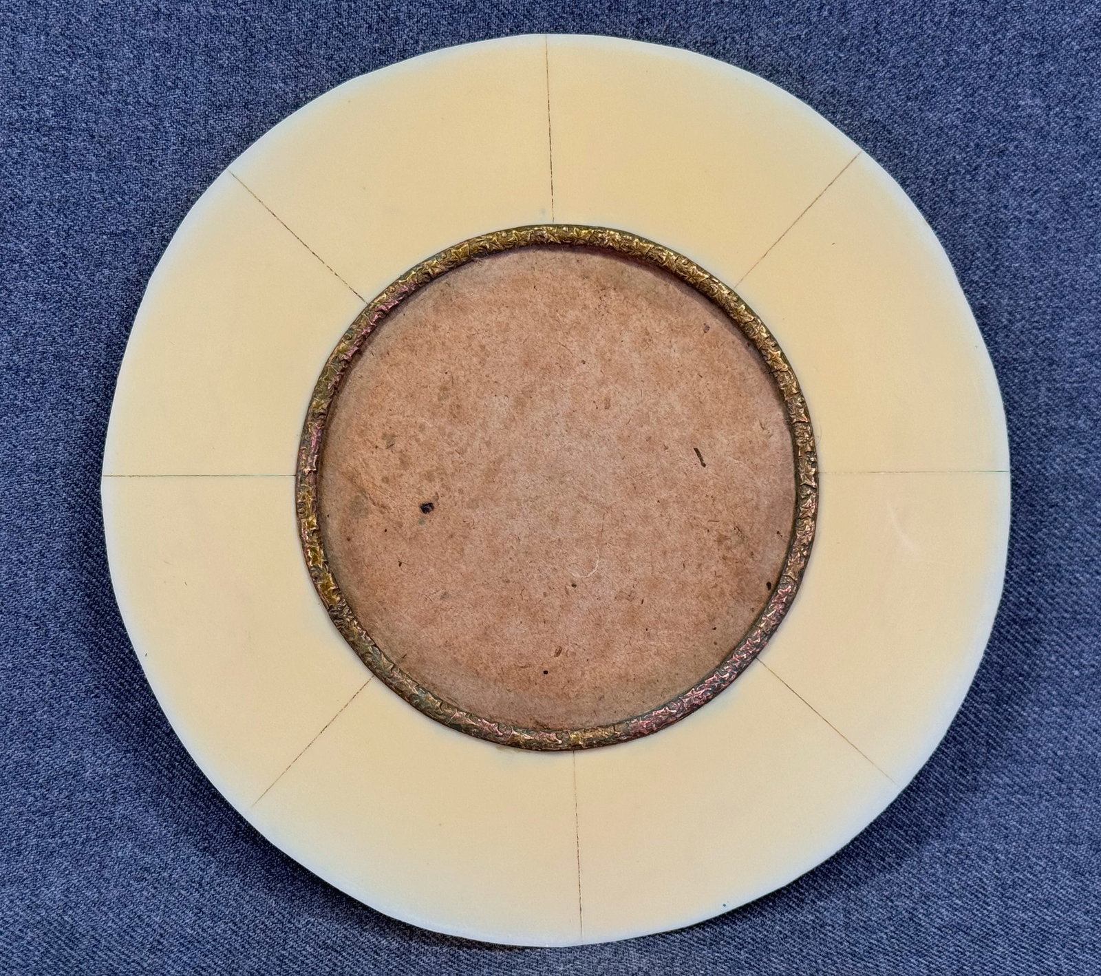 Antique Bronze Rim Celluloid miniature Portrait Frame Passe-Partout . *M: Antique decorated Interior Bronze Rim Celluloid miniature Portrait Frame Passe-Partout. No glass. No exterior frame. Passe partout only. For measures please refer to the pictures taken with a measurin