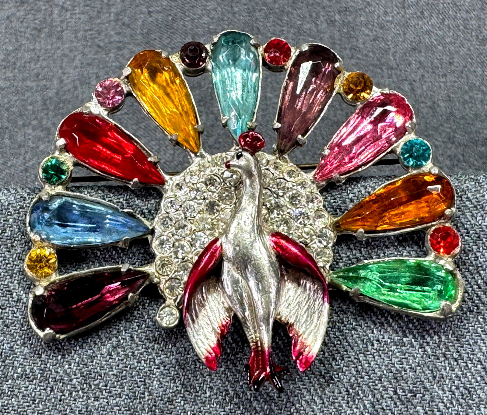 Antique Reinad Cut Steel Glass Paste Rhinestones Pot Metal Peacock brooch pin: IN HOUSE FLAT SHIPPING & HANDLING COST WITHIN ALL THE U.S. : 7 To bypass LiveShipping, and use our In-House shipping service for 7 or shipping combined for multiple lots, please select “Arrange 