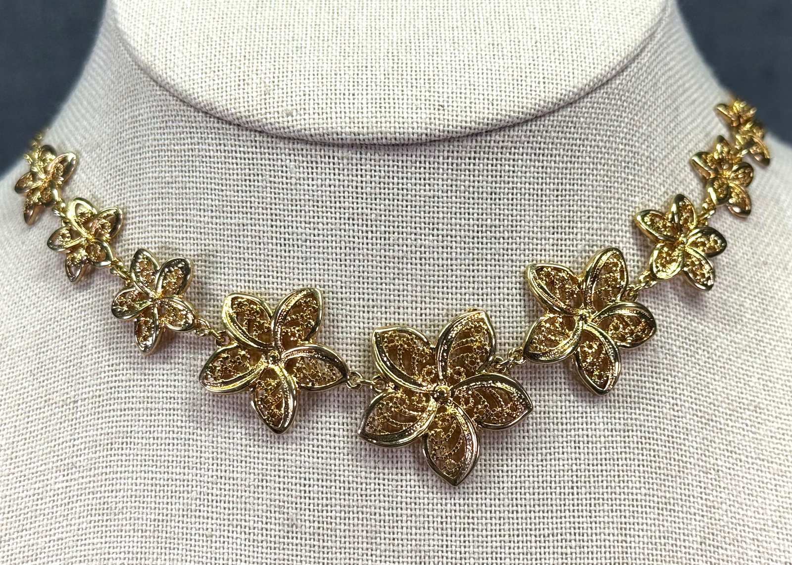 Vintage Filigree Graduated Floral Cluster Panel Necklace. Gold-toned. *L (1 of 5)
