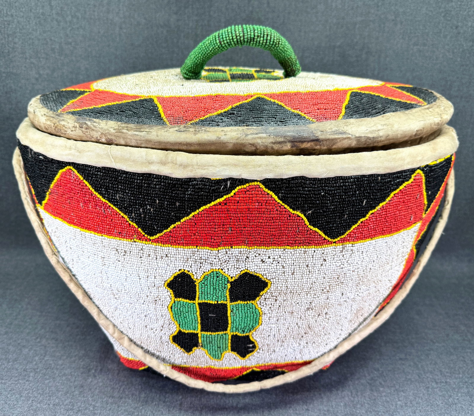 African Yoruba Nigeria Basket.. *d: African Yoruba Nigeria Basket. Glass beads, fabric, fiber,Defects, imperfections, wear.It measures 16 inches long, 12 inches wide and 13.5 inches tall. IN HOUSE FLAT SHIPPING & HANDLING COST WITHIN AL