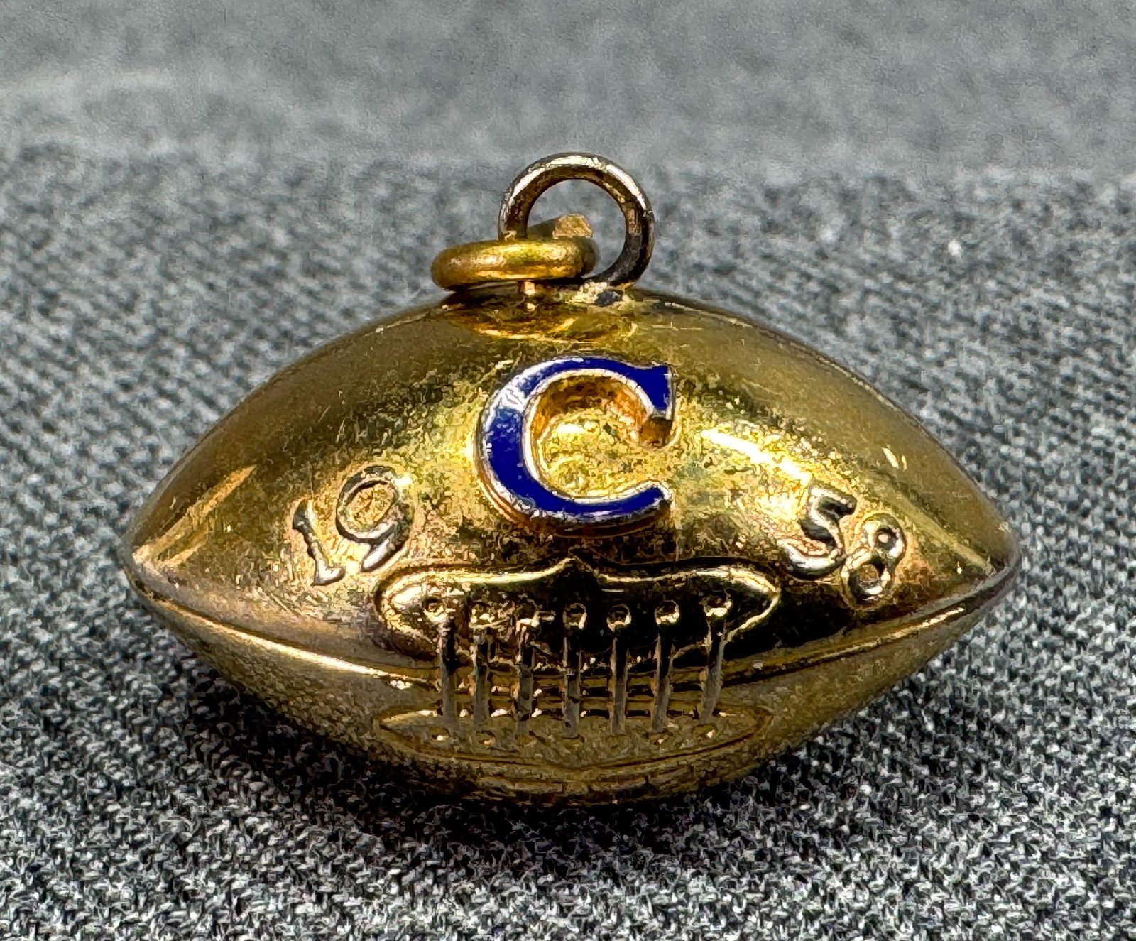 Vintage 1958 enamel letter C goldtoned State Champions football charm fob: IN HOUSE FLAT SHIPPING & HANDLING COST WITHIN ALL THE U.S. : 7 To bypass LiveShipping, and use our In-House shipping service for 7 or shipping combined for multiple lots, please select “Arrange 