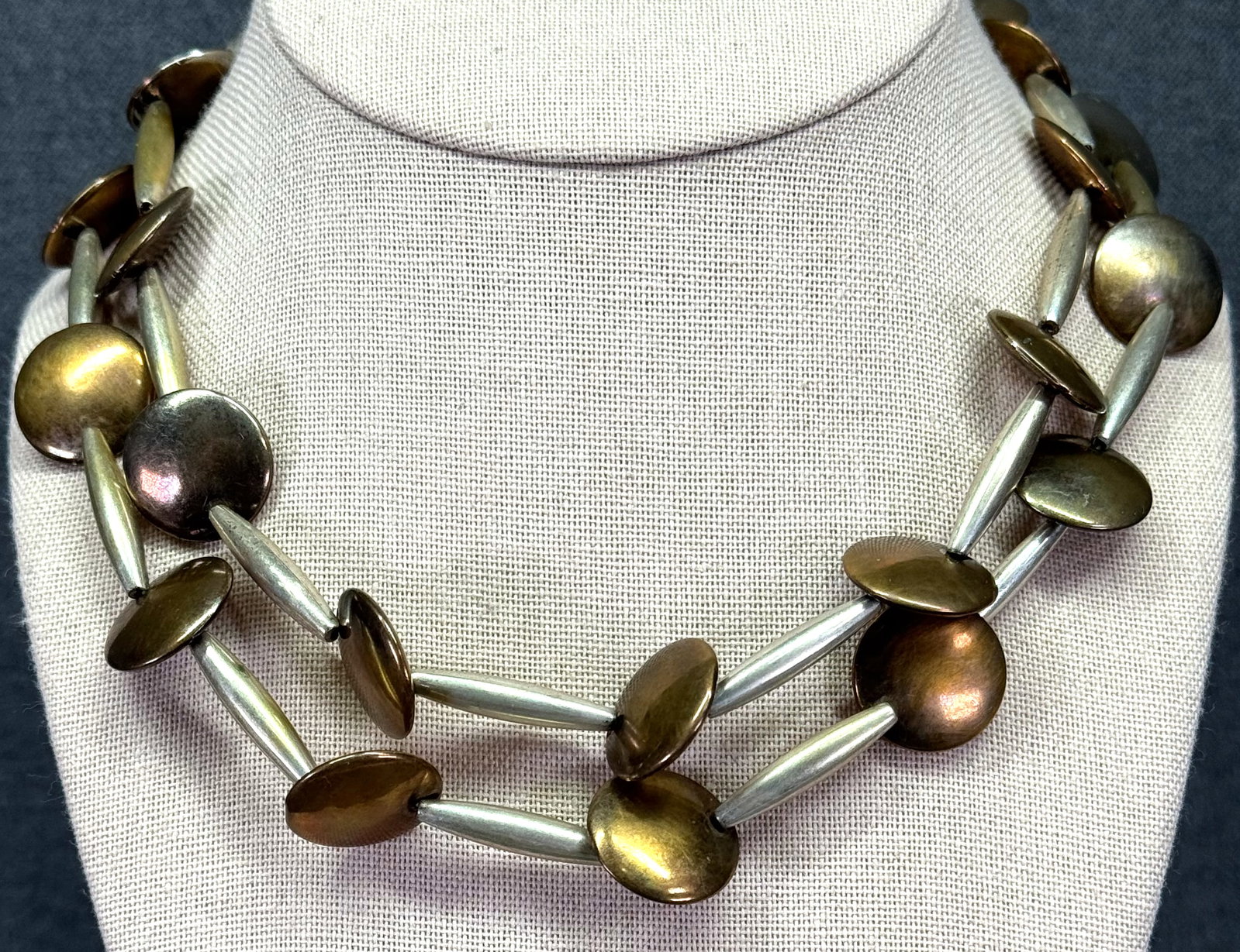 Vintage MCM modernist bronze lentil & silver-toned pipe beaded necklace. V: IN HOUSE FLAT SHIPPING & HANDLING COST WITHIN ALL THE U.S. : 7 To bypass LiveShipping, and use our In-House shipping service for 7 or shipping combined for multiple lots, please select “Arrange 