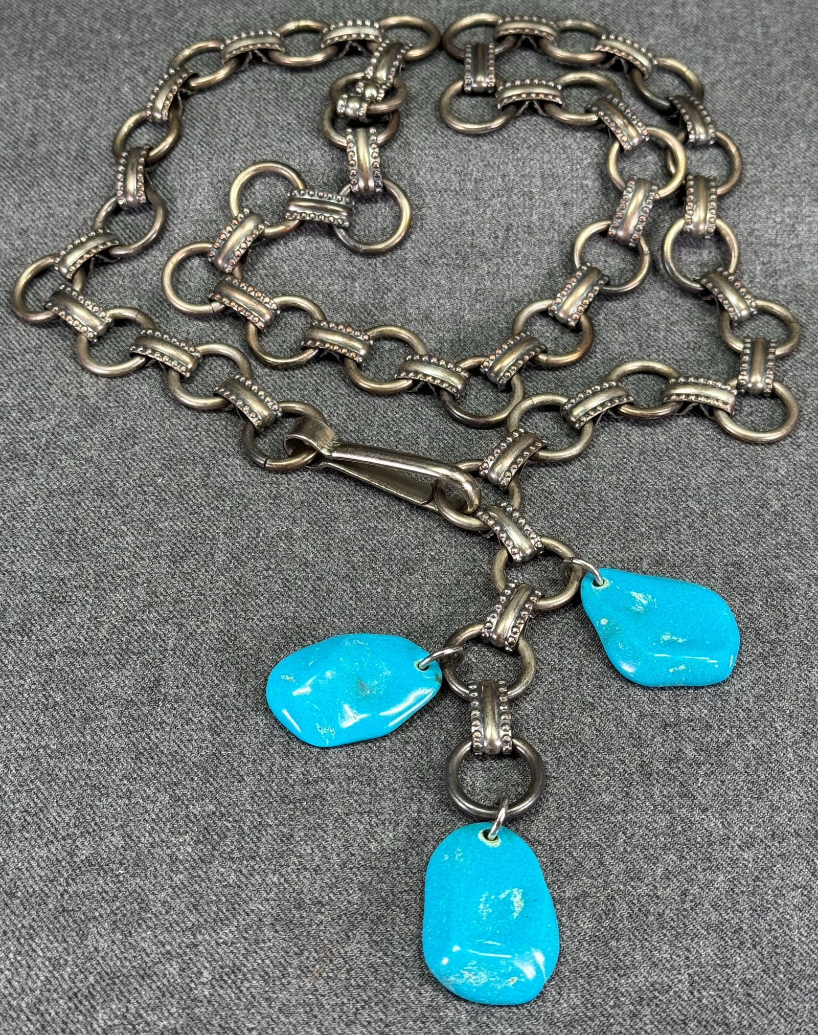 Vintage MCM dangle turquouise resin dangles silvertone metal chain belt (1 of 8)