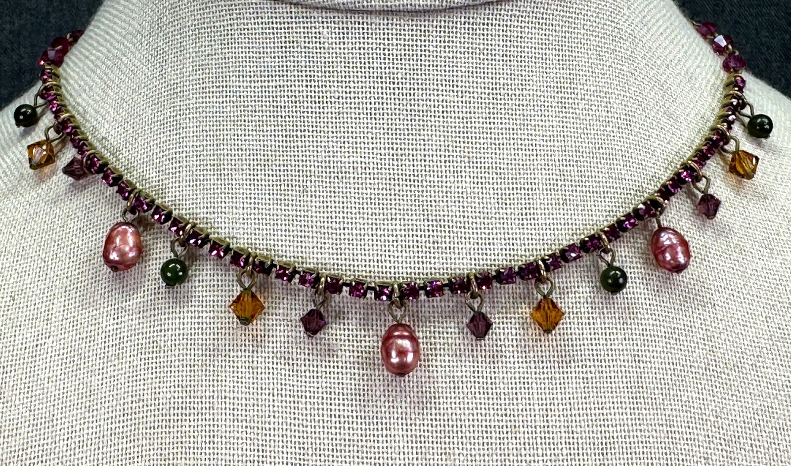 Vintage Liz Palacios SF Swarovski Crystal & Pearl Drop Fringe Choker Necklace. *j: Vintage Liz Palacios SF Swarovski Crystal & Pearl Drop Fringe Choker Necklace. Bronze color metal. Marked. For measures please refer to the pictures taken with a measuring tape. Weight: 9 Grams. IN HO