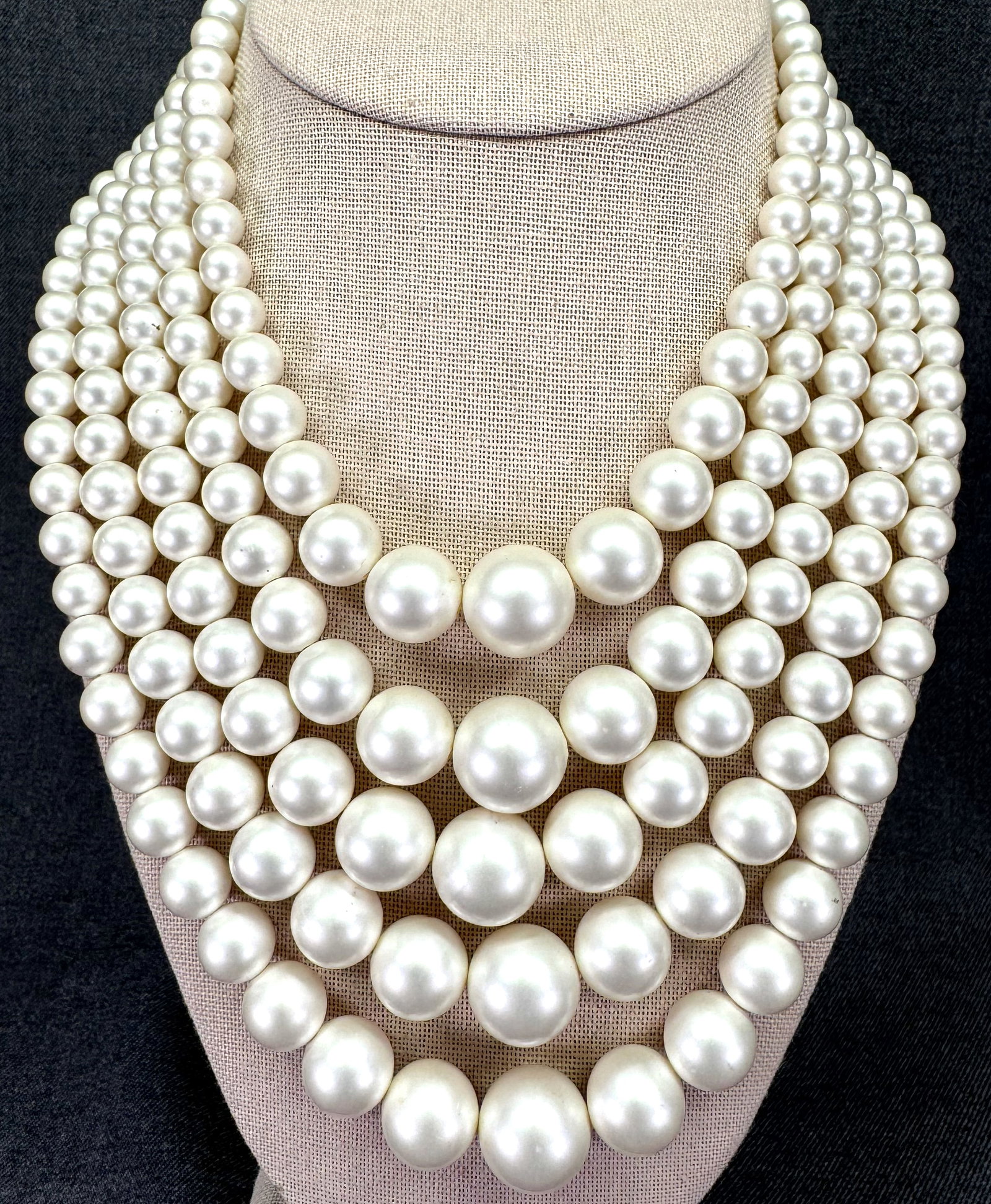 Vintage Japan pearly beads 4 strands statement collar bib necklace.: Vintage Japan pearly beads 4 strands statement collar bib necklace. Marked. For measures please refer to the pictures taken with a measuring tape. Weight: 135 Grams. IN HOUSE FLAT SHIPPING & HANDLING 