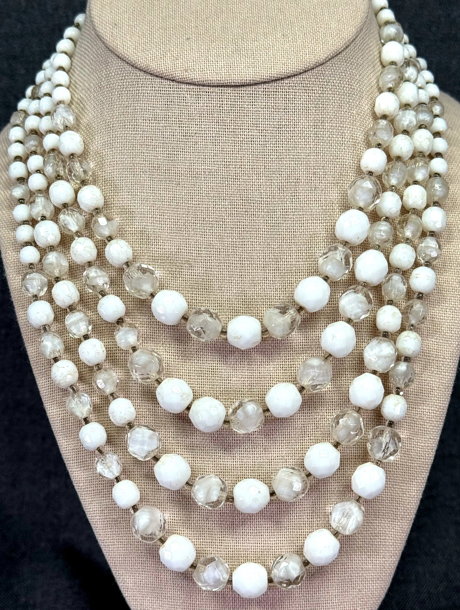 Vintage white & clear glass 4 graduated strands collar bib necklace: IN HOUSE FLAT SHIPPING & HANDLING COST WITHIN ALL THE U.S. : $7 To bypass LiveShipping, and use our In-House shipping service for $7 or shipping combined for multiple lots, please select “Arrang