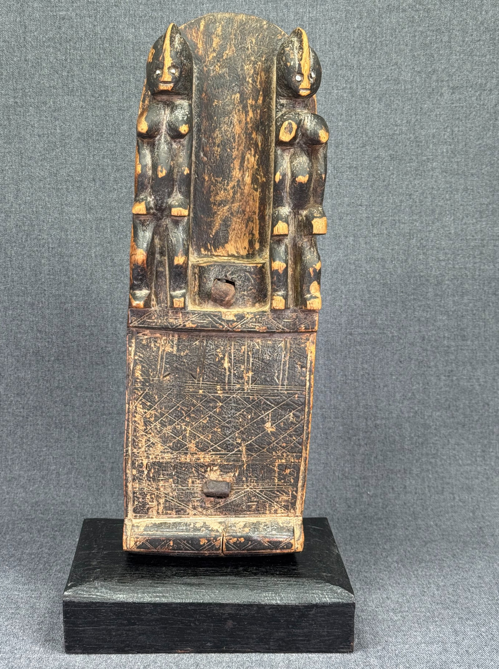 African Dogon Mali Lock. Carved wood, metal pins and eyes on figures. (1 of 13)
