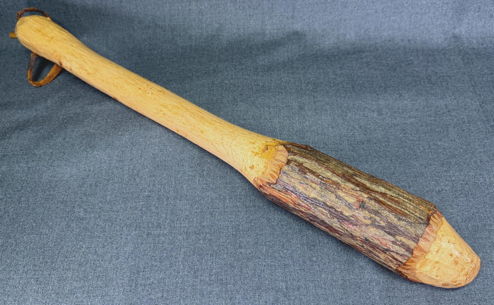 Signed Seaborn Bradley (1907-1991) Cherokee Club, circa 1950. Carved wood, leather.: IN HOUSE FLAT SHIPPING & HANDLING COST WITHIN ALL THE U.S. : 24 To bypass LiveShipping, and use our In-House shipping service for 24 or shipping combined for multiple lots, please select “Arrang