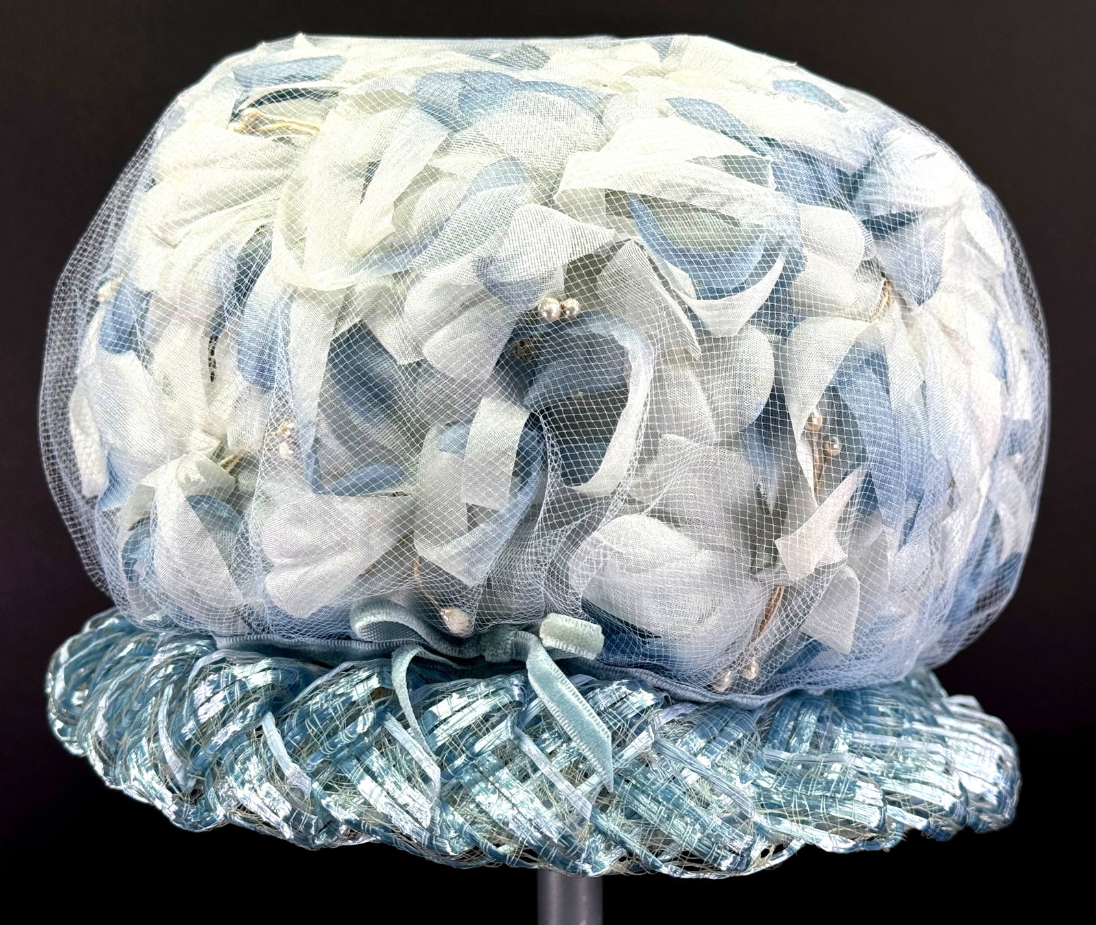 Vintage sky blue fabric flowers faux pearls lined in tulle raffia trim hat.: IN HOUSE FLAT SHIPPING & HANDLING COST WITHIN ALL THE U.S. : 10 To bypass LiveShipping, and use our In-House shipping service for 10 or shipping combined for multiple lots, please select “Arrang