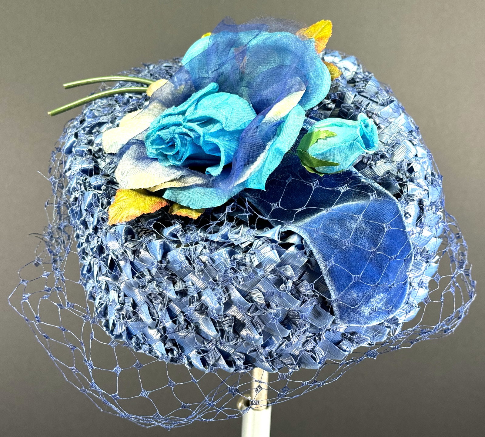 Vintage fabric flowers bouquet woven lavender raffia hat with net.: IN HOUSE FLAT SHIPPING & HANDLING COST WITHIN ALL THE U.S. : 10 To bypass LiveShipping, and use our In-House shipping service for 10 or shipping combined for multiple lots, please select “Arrang