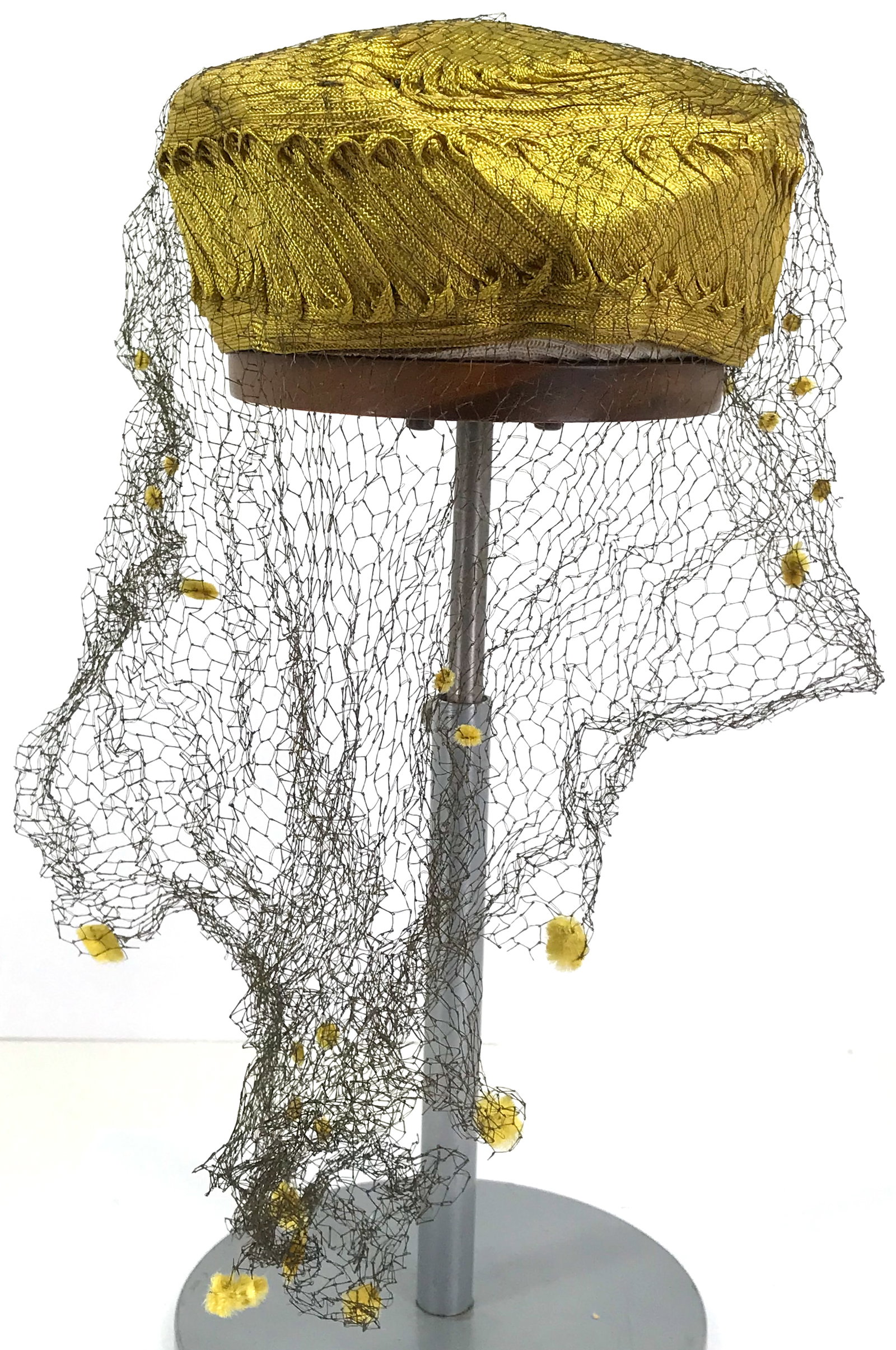 Vintage golden color corde hat. Black net with dots. No Label. No size label. It measures: IN HOUSE FLAT SHIPPING & HANDLING COST WITHIN ALL THE U.S. : 10 To bypass LiveShipping, and use our In-House shipping service for 10 or shipping combined for multiple lots, please select “Arrang