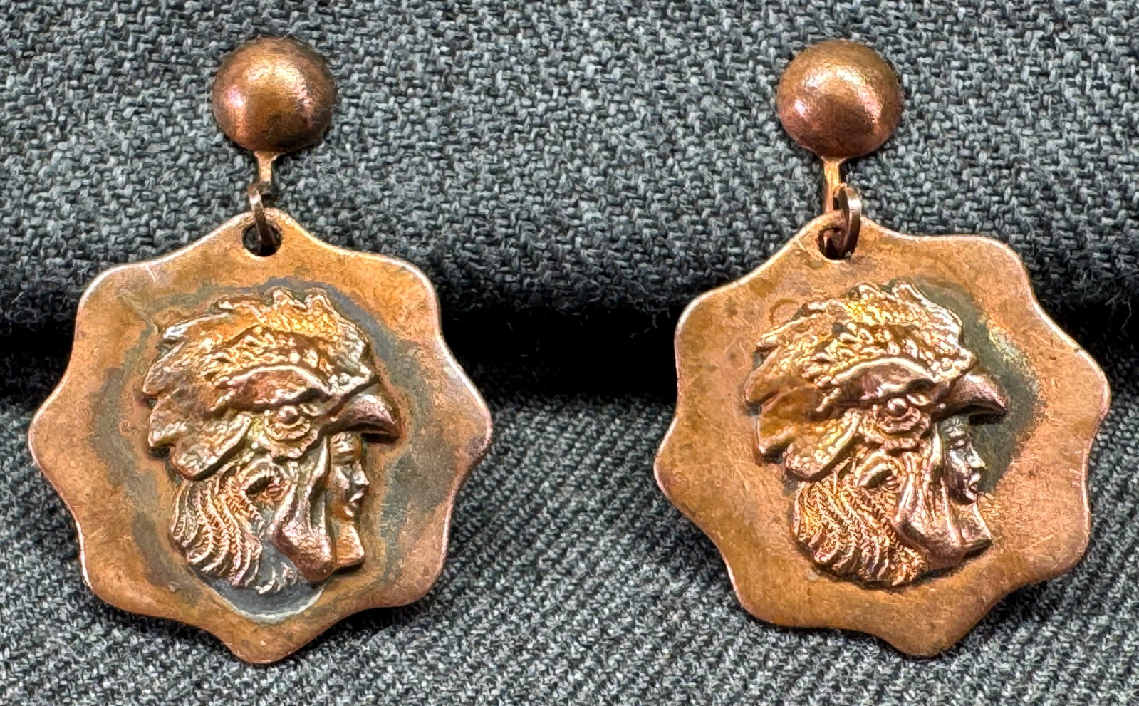 Vintage Indian Chief copper screw back earrings: IN HOUSE FLAT SHIPPING & HANDLING COST WITHIN ALL THE U.S. : $7 To bypass LiveShipping, and use our In-House shipping service for $7 or shipping combined for multiple lots, please select “Arrang