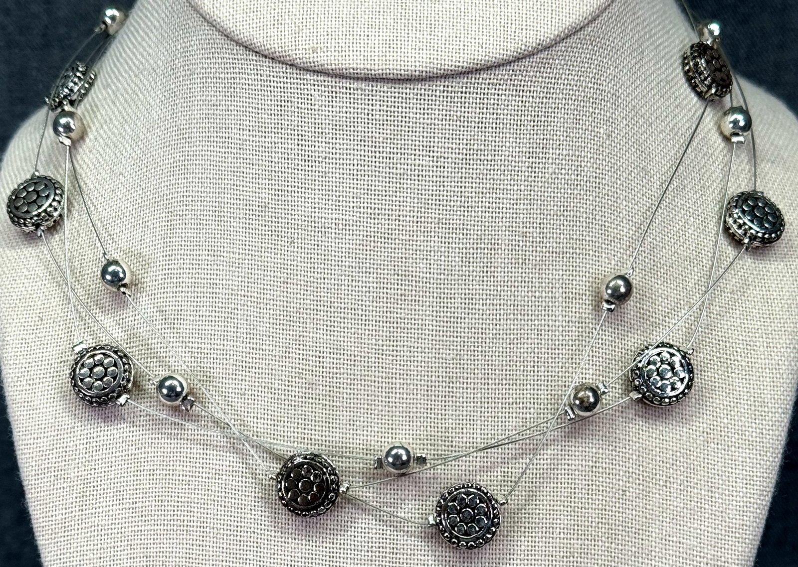 Vintage silver and gold-toned beads 3 strands wire station necklace. *d: Vintage silver and gold-toned beads 3 strands wire station necklace. Unmarked. For measures please refer to the pictures taken with a measuring tape. Weight: 27 Grams. IN HOUSE FLAT SHIPPING & HANDLIN