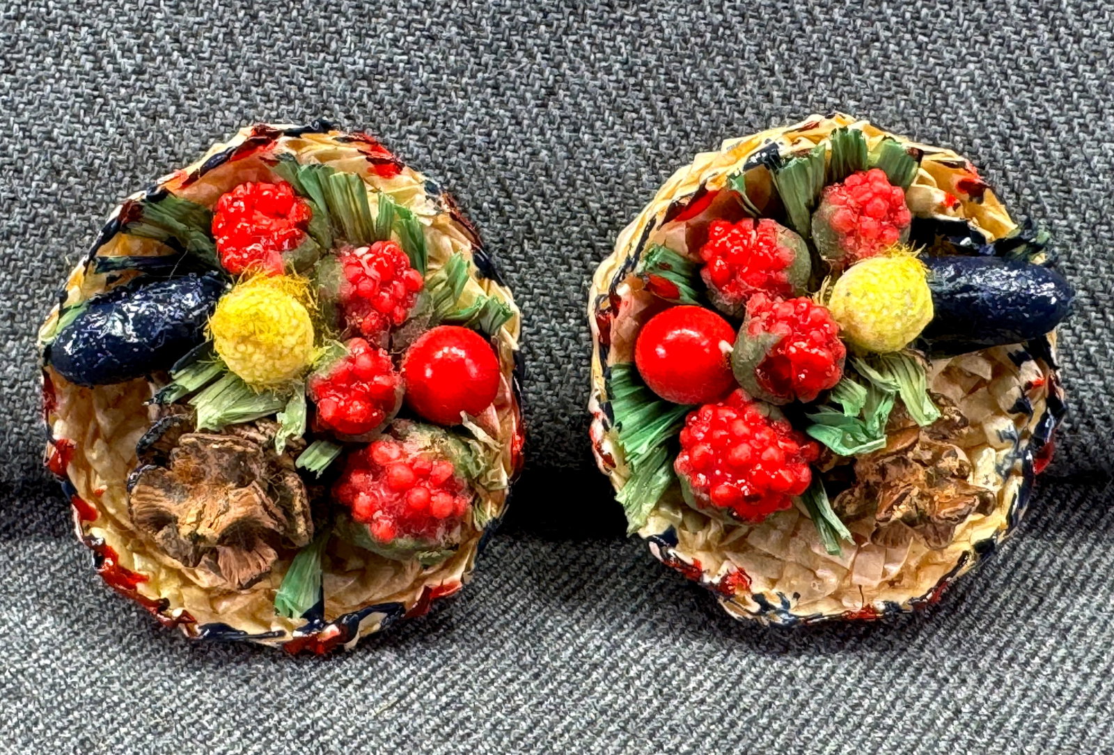 Vintage Carmen Miranda style fruit salad clip earrings. Western Germany . V: IN HOUSE FLAT SHIPPING & HANDLING COST WITHIN ALL THE U.S. : 7 To bypass LiveShipping, and use our In-House shipping service for 7 or shipping combined for multiple lots, please select “Arrange 