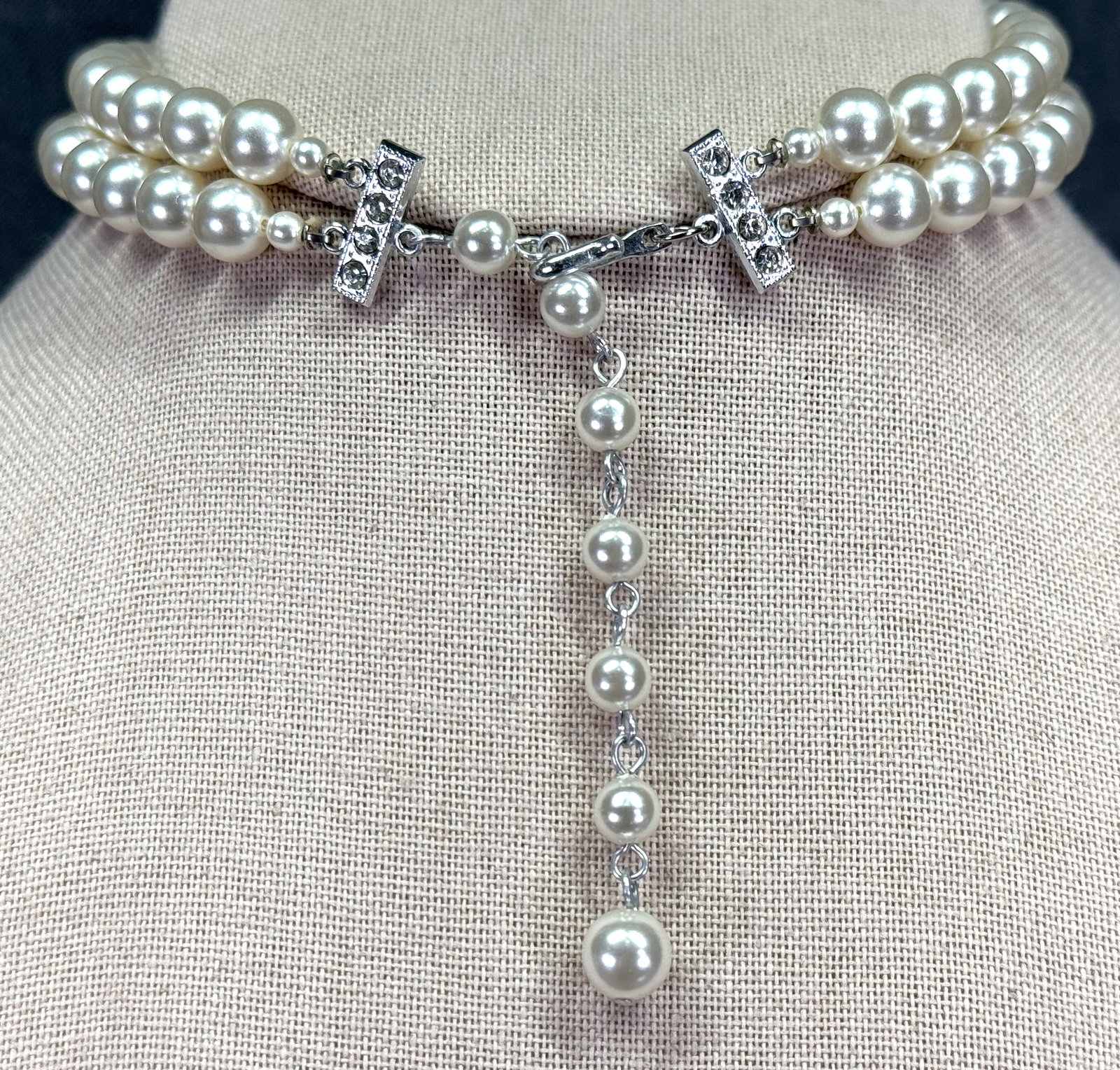 Vintage Japanese pearly beads 2 strands choker necklace. Clear rhinestones clasp: IN HOUSE FLAT SHIPPING & HANDLING COST WITHIN ALL THE U.S. : 7 To bypass LiveShipping, and use our In-House shipping service for 7 or shipping combined for multiple lots, please select “Arrange 