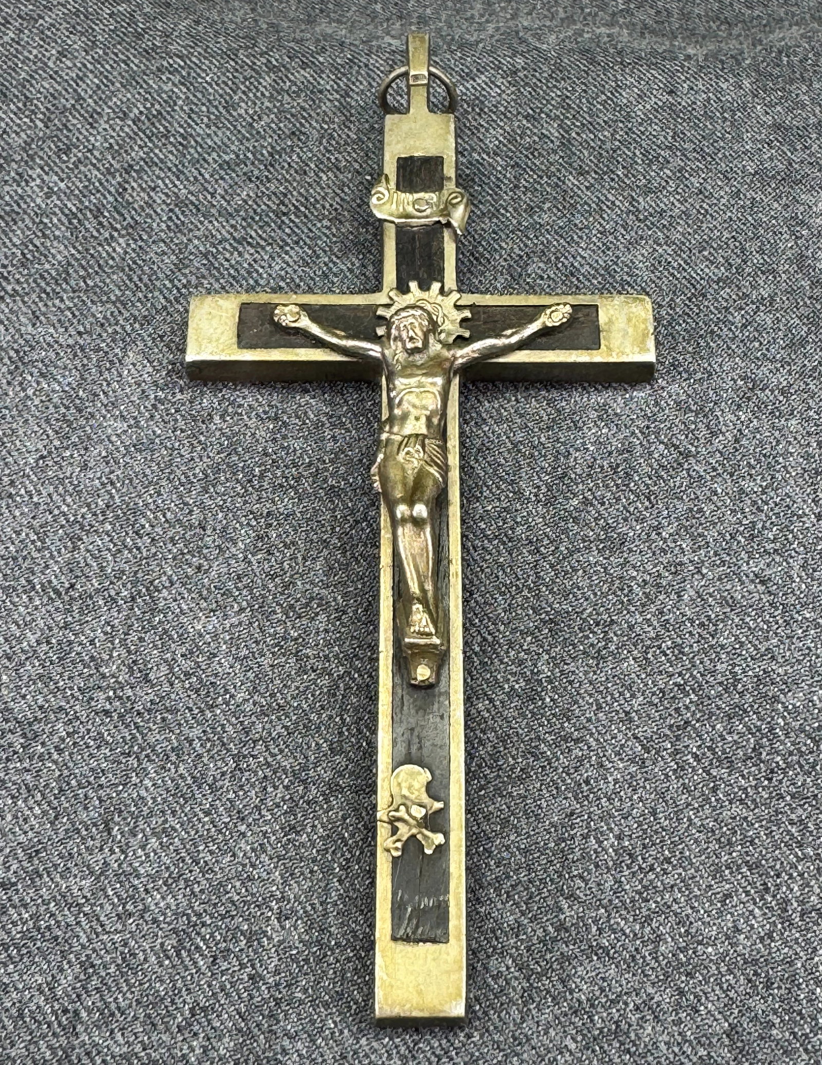 Antique Ebony & Brass Pectoral Crucifix . With Skull and Crossbones. 5 Inches. *h (1 of 6)