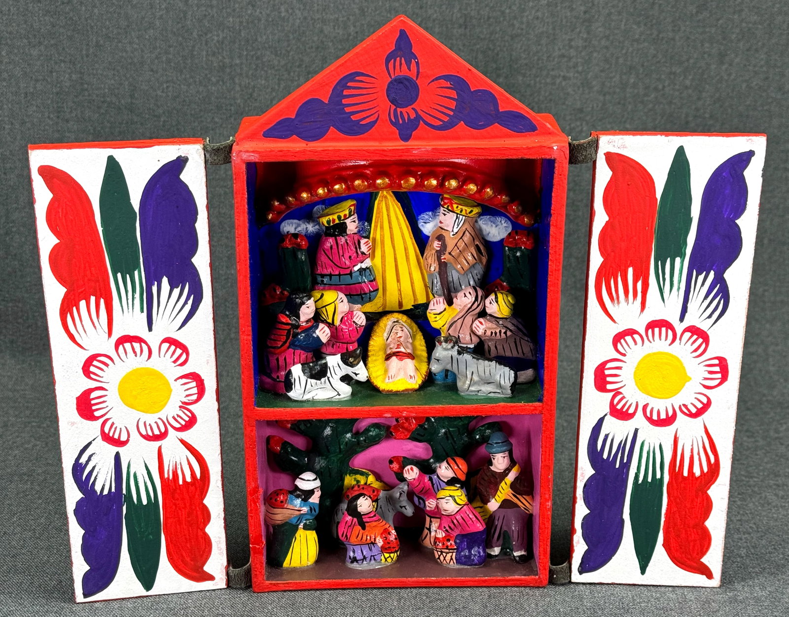 Big Peruvian Folk Art Ayacucho Retablo Nativity, Signed Mace. *L: BigPeruvian Folk Art Ayacucho Retablo Nativity, Signed Mace. Box hand painted wood. For measures please refer to the pictures taken with a measuring tape. Weight: Grams. IN HOUSE FLAT SHIPPING & HANDL