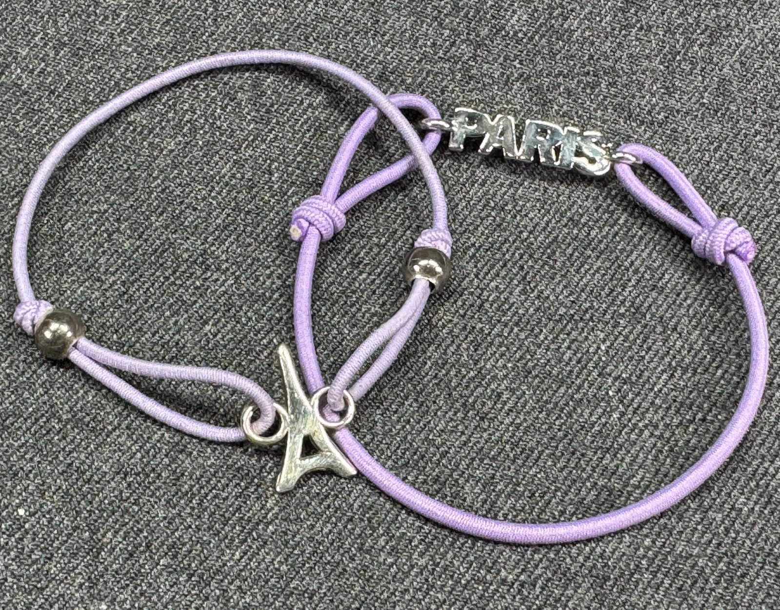 Vintage Sterling Tour Eiffel & silvertone Paris charms lilac elasctic bracelets: IN HOUSE FLAT SHIPPING & HANDLING COST WITHIN ALL THE U.S. : 7 To bypass LiveShipping, and use our In-House shipping service for 7 or shipping combined for multiple lots, please select “Arrange 