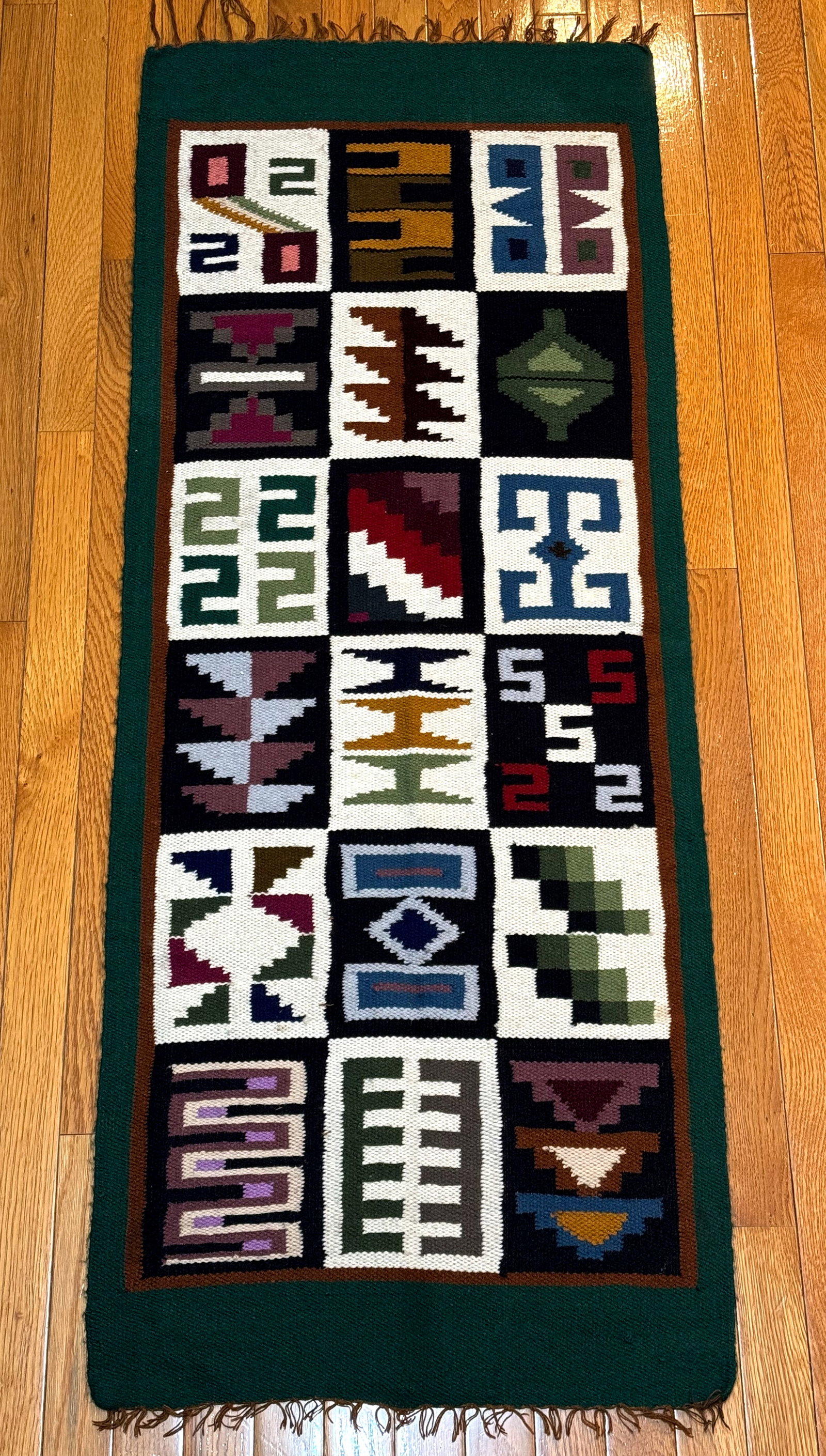 Andean Geometric Folk Art Handwoven Wool Sampler Runner Rug Tapestry. *L: Andean Geometric Folk Art Handwoven Wool Sampler Runner Rug Tapestry. Unmarked. For measures please refer to the pictures taken with a measuring tape. IN HOUSE FLAT SHIPPING & HANDLING COST WITHIN ALL