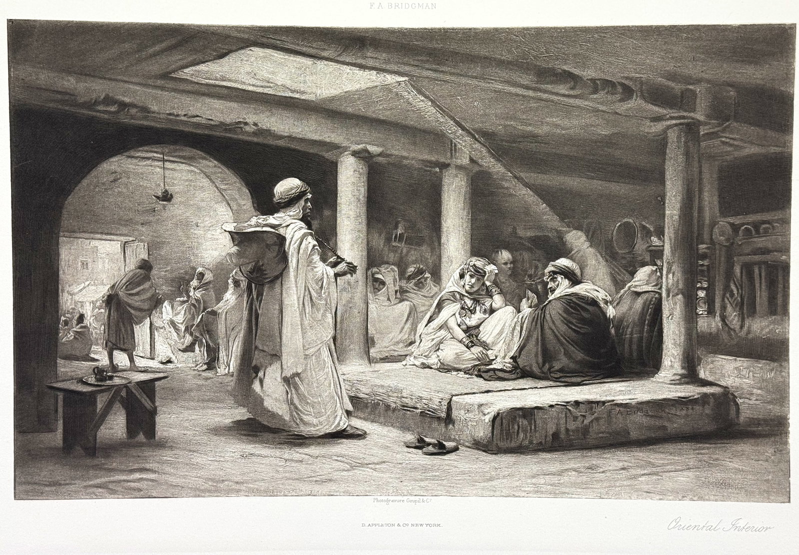 Antique Orientalist F.A. Bridgman Antique Photogravure Print Oriental Interior. C 1880s. *L: Antique Orientalist F.A. Bridgman Antique Photogravure Print Oriental Interior. C 1880s. For measures please refer to the pictures taken with a measuring tape. IN HOUSE FLAT SHIPPING & HANDLING COST W