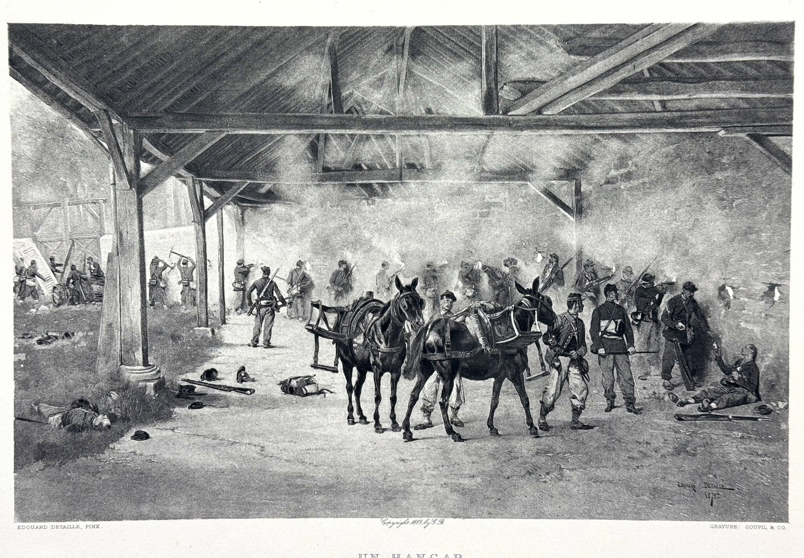 Antique 1879 "Un Hangar" by Edouard Detaille Franco-Prussian War French Soldiers. *L: Antique 1879 "Un Hangar" by Edouard Detaille Franco-Prussian War French Soldiers. For measures please refer to the pictures taken with a measuring tape. IN HOUSE FLAT SHIPPING & HANDLING COST WITHIN A
