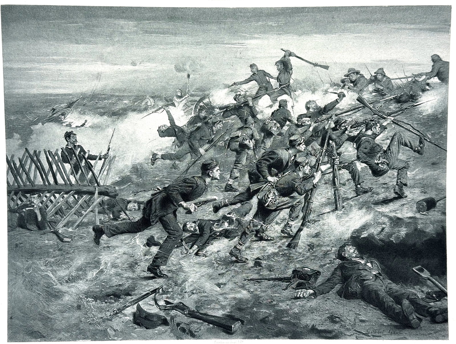 Antique 1890 Gilbert Gaul Civil War Photogravure "Taking the Ramparts" D. Appleton. *L: Antique 1890 Gilbert Gaul Civil War Photogravure "Taking the Ramparts" D. Appleton. For measures please refer to the pictures taken with a measuring tape. IN HOUSE FLAT SHIPPING & HANDLING COST WITHIN
