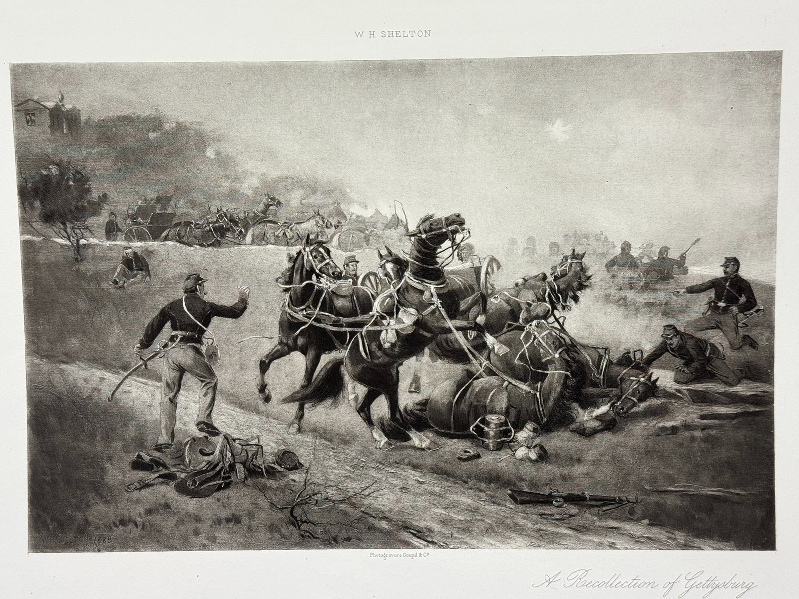 Antique 1890s Civil War Photogravure "A Recollection of Gettysburg" by W.H. Shelton. *L: Antique 1890s Civil War Photogravure "A Recollection of Gettysburg" by W.H. Shelton. For measures please refer to the pictures taken with a measuring tape. IN HOUSE FLAT SHIPPING & HANDLING COST WITHI