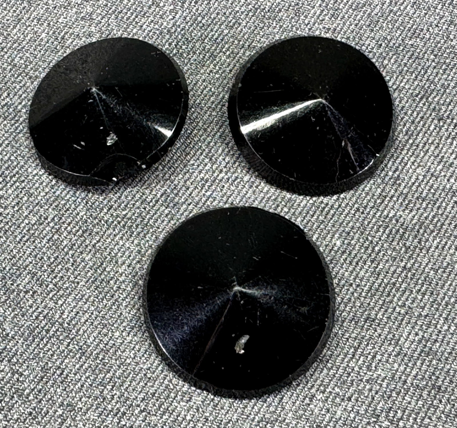 Antique Victorian mourning black Chinese hat big glass buttons. Lot of 3: IN HOUSE FLAT SHIPPING & HANDLING COST WITHIN ALL THE U.S. : $7 To bypass LiveShipping, and use our In-House shipping service for $7 or shipping combined for multiple lots, please select “Arrang