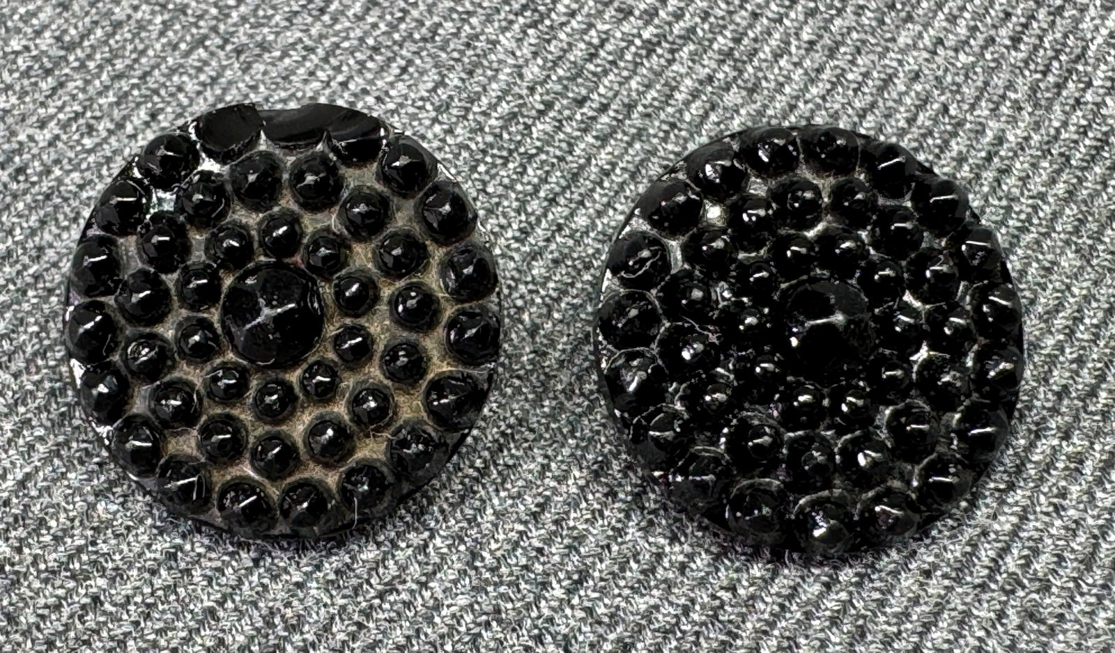 Antique Victorian mourning black glass dotted buttons. Lot of 2: IN HOUSE FLAT SHIPPING & HANDLING COST WITHIN ALL THE U.S. : $7 To bypass LiveShipping, and use our In-House shipping service for $7 or shipping combined for multiple lots, please select “Arrang