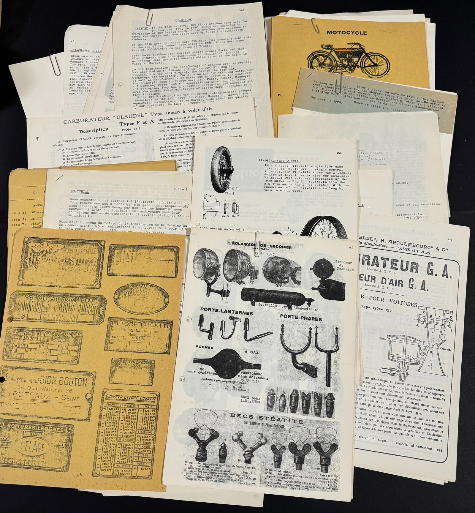 Vintage 70s antique cars & motorcycle magazine articles and catalogs photocopies. (1 of 15)